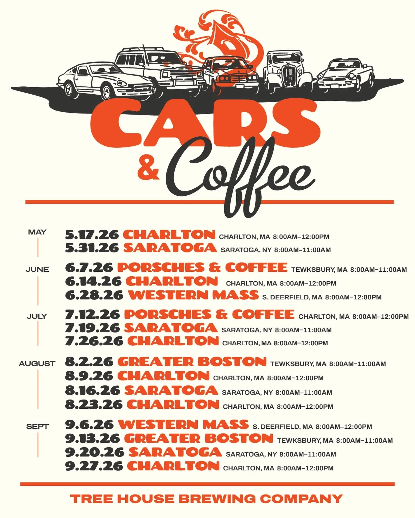 A summer of Cars &amp; Coffee at Tree House is nearly upon us.

With expansive outdoor spaces and delicious beverages, we&rsquo;ve got the perfect venues to gather and show off your ride.

No advanced registration is necessary and all are welcome.

H