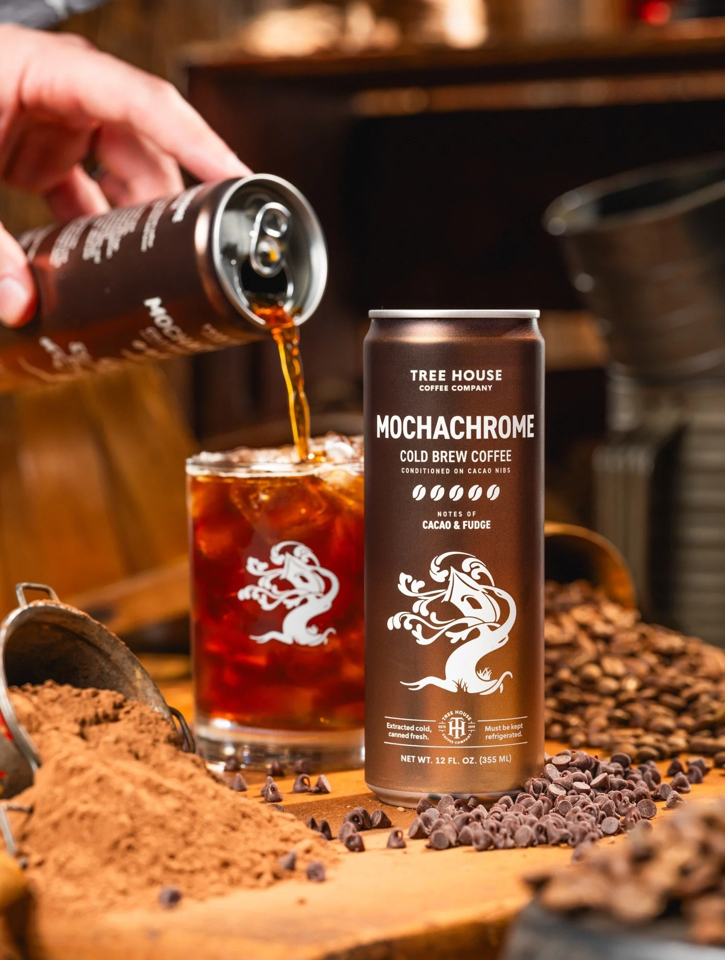 Mochachrome is a thoughtful and intentional marriage of our cold brew coffee and all-natural cacao. 

This rendition of Monochrome Cold Brew is conditioned on Ecuadorian cacao nibs for a week before being packaged, imparting rich notes of hot cocoa, 