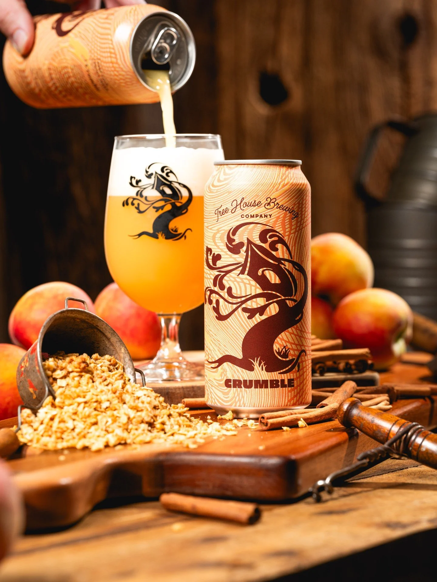 Time for dessert 🥧🍑

Crumble is Haze conditioned atop cinnamon sticks and literal buckets of peach pur&eacute;e!

This cozy Double IPA carries notes of overripe donut peaches, peach crisp, brown sugar, cinnamon topping, and juicy nectarines.

It ma