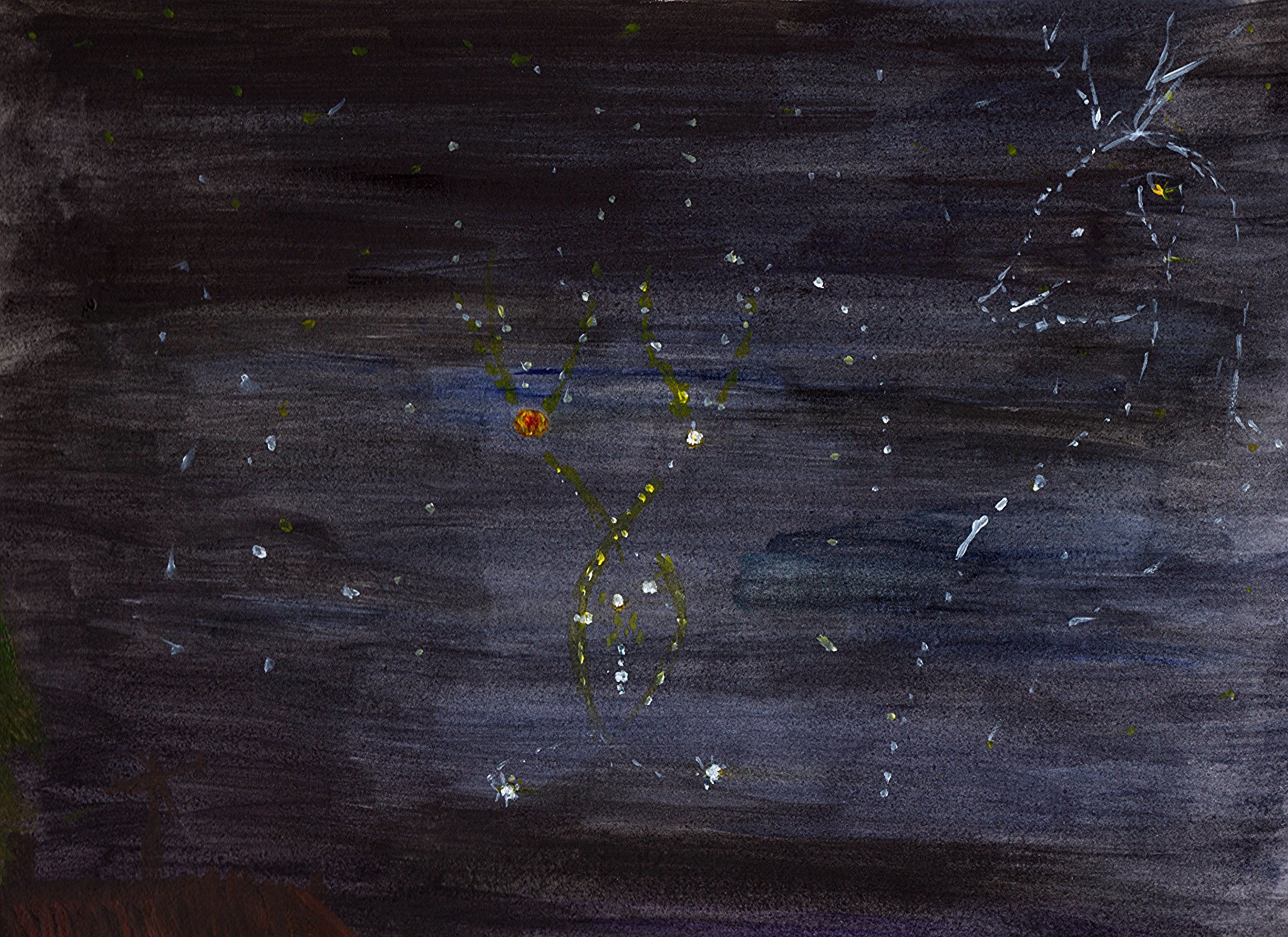 A future  night sky is imagined using white and yellow paint on a black background.