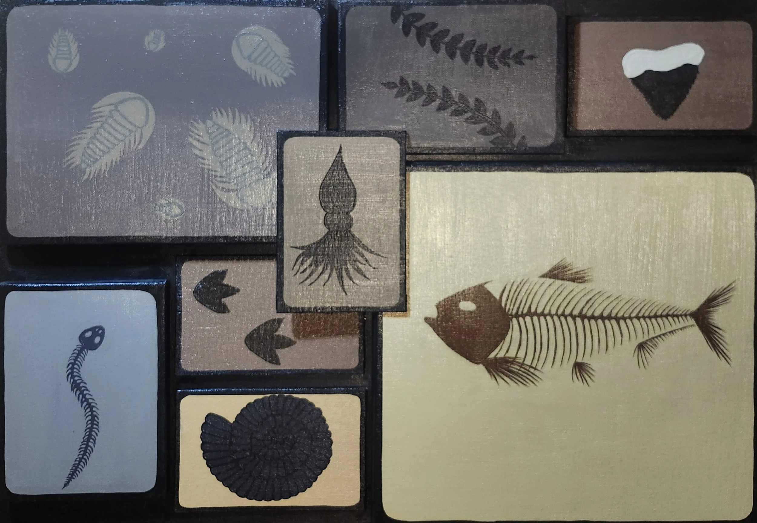 Eight images of fossils in varying sizes are in a clockwise spiral. The colour palette is muted browns, blues and black.