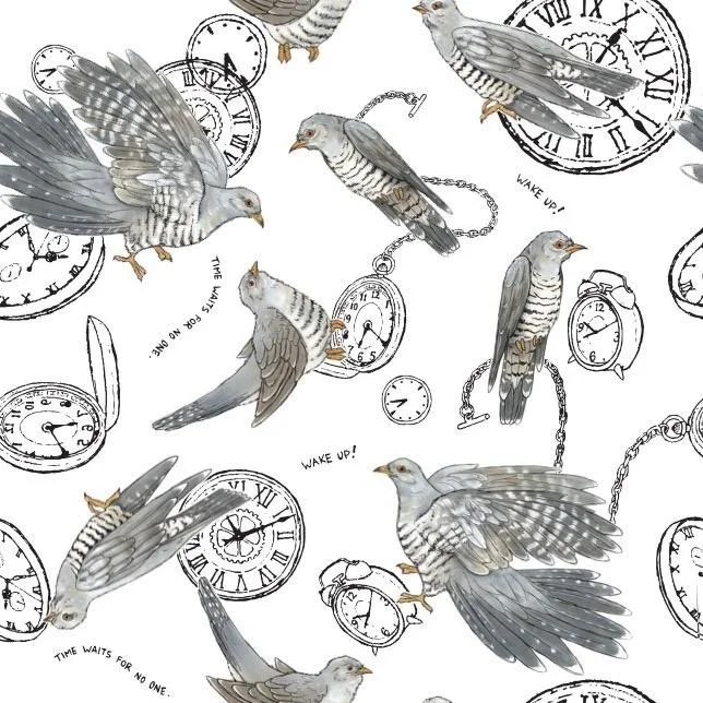 Drawings of pocket watches and paintings of cuckoos in different positions are scattered across a white background. In-between are the phrases: 'wake up!' and 'time waits for no one'.