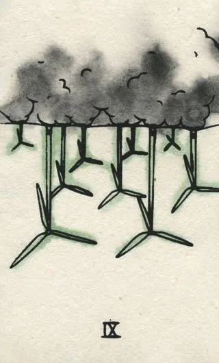 Greyscale image with 'IX' centre bottom. Above that are upside-down wind turbines hanging from grey clouds.