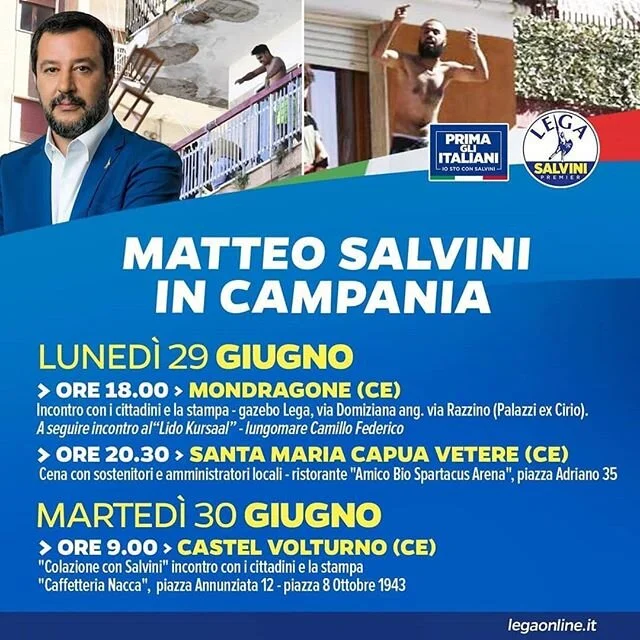 🇮🇹 MATTEO SALVINI IN CAMPANIA
Vi aspettiamo oggi, 29 giugno a #Mondragone e a #SantaMariaCapuaVetere. Domani, marted&igrave; 30 giugno a #Castelvolturno!

Ascoltiamo i cittadini, le comunit&agrave; da troppo tempo dimenticate e proponiamo soluzioni