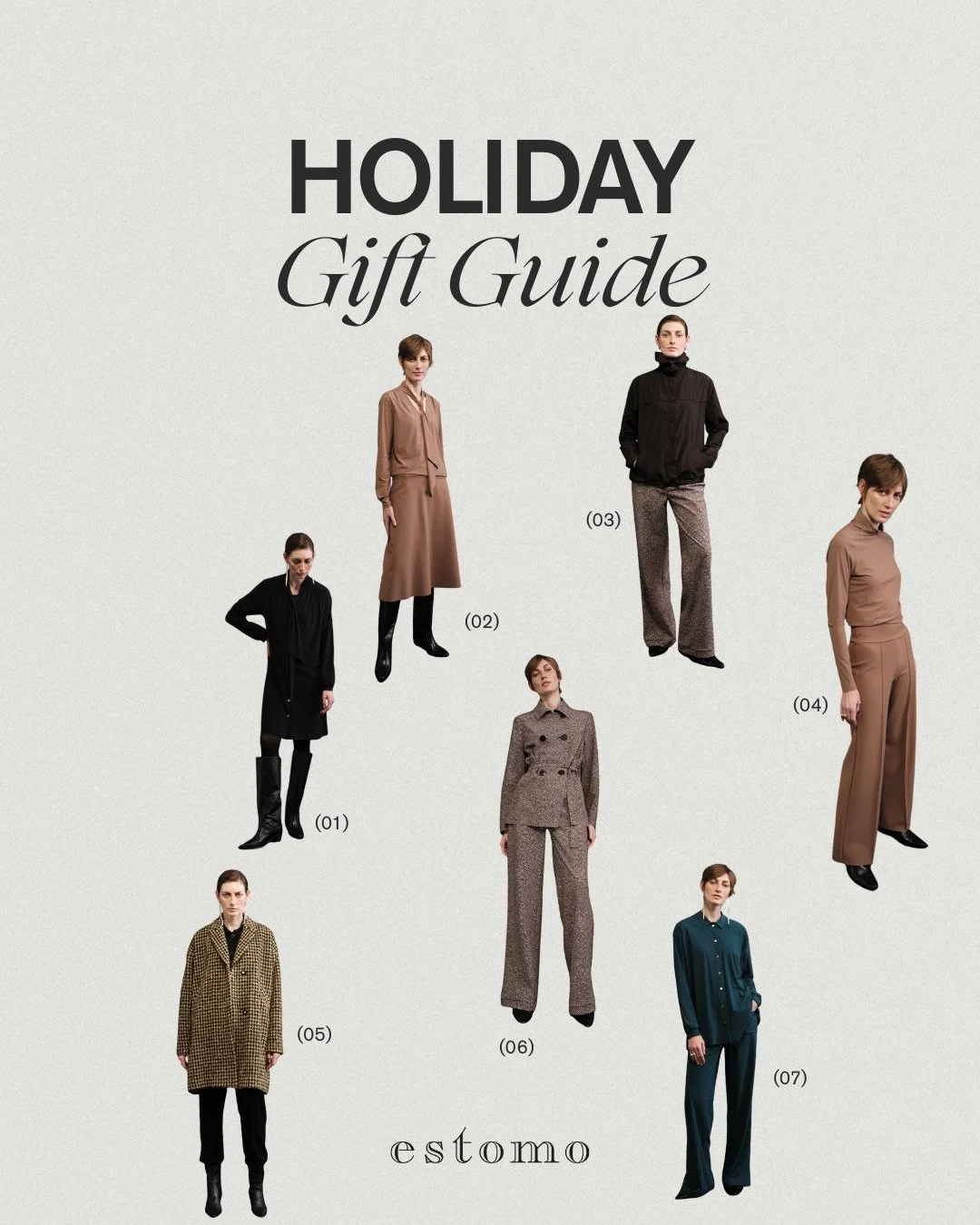 HOLIDAY GIFT GUIDE

Reduzierte Silhouetten, hochwertige Materialien, durchdachte Schnitte.
Geschenke ohne Saison, gemacht f&uuml;r viele Jahre.

Details zu jedem Look:

(01) Kleid MEDEA in schwarz

(02) Bluse LARRY und Rock KAY in caramel

(03) Jacke
