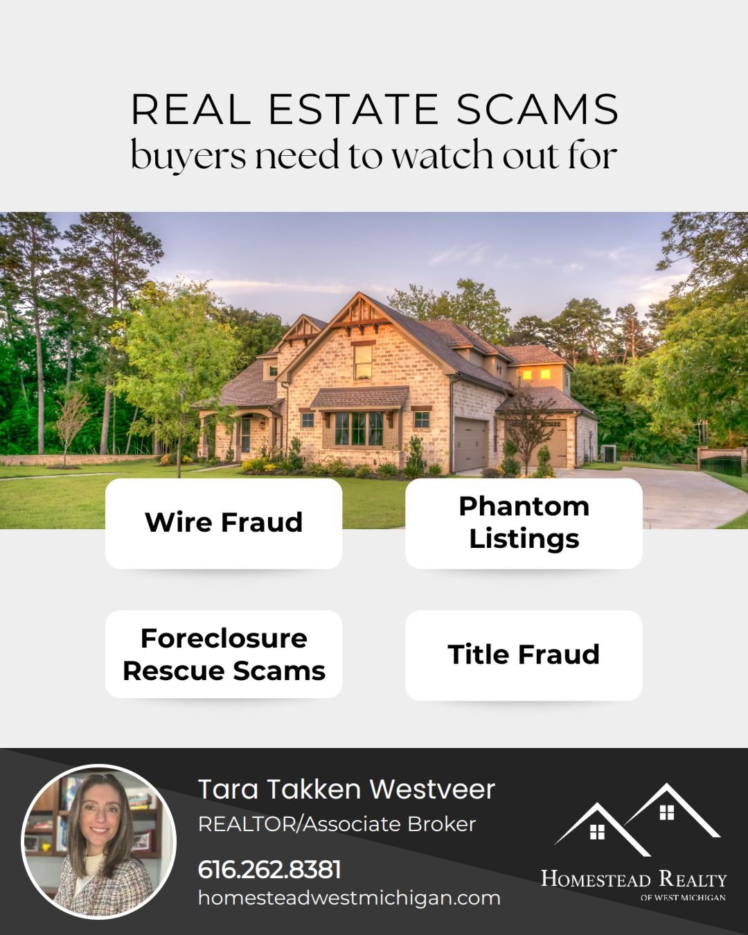 Protect Yourself from Real Estate Scams!

Buying a home is exciting, but it&rsquo;s crucial to stay vigilant. Here are common scams to watch for:
🔒 Wire Fraud: Always confirm payment instructions directly with your agent or title company.
🕵️ Ph