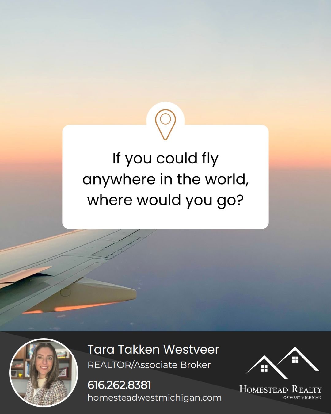 If you could hop on a plane and fly anywhere in the world right now, where would your dream destination be? 

✈️🌍 Drop your go-to getaway spot below!

#homesteadrealtyofwestmi #realtor #LicensedBroker #RealEstateAgent #WestMichigan #planeticket #t