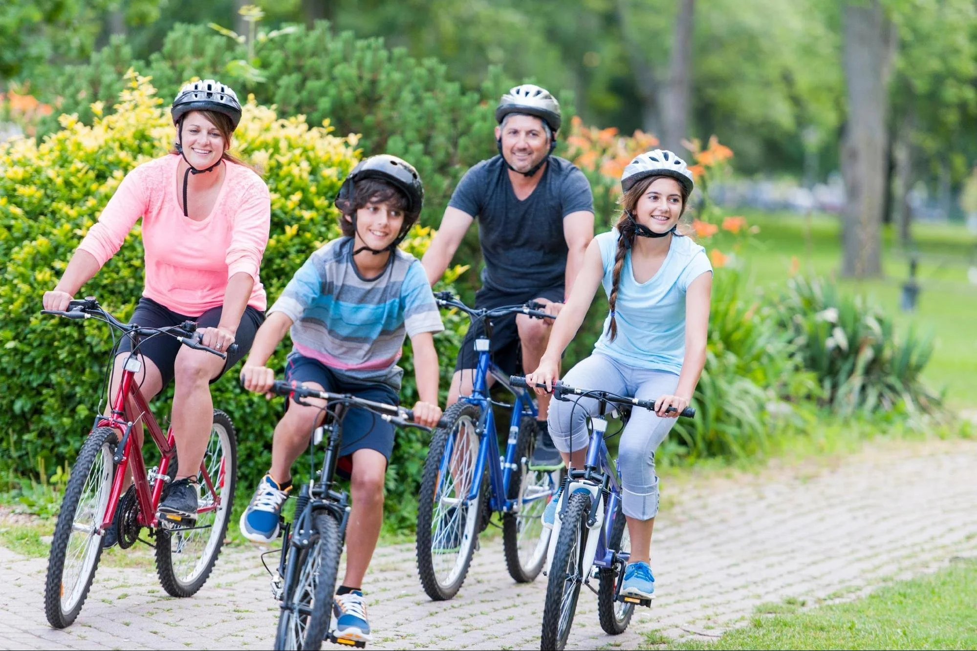 A family of four, wearing helmets, biking on a paved trail in a park with green trees and bushes.