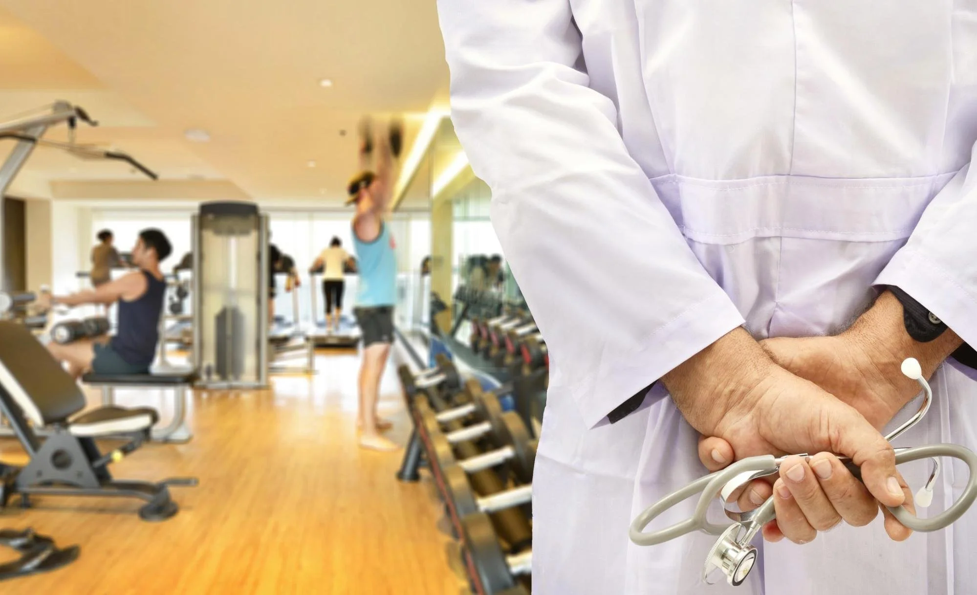 A person dressed as a healthcare professional holding a stethoscope, with a gym filled with people exercising in the background.