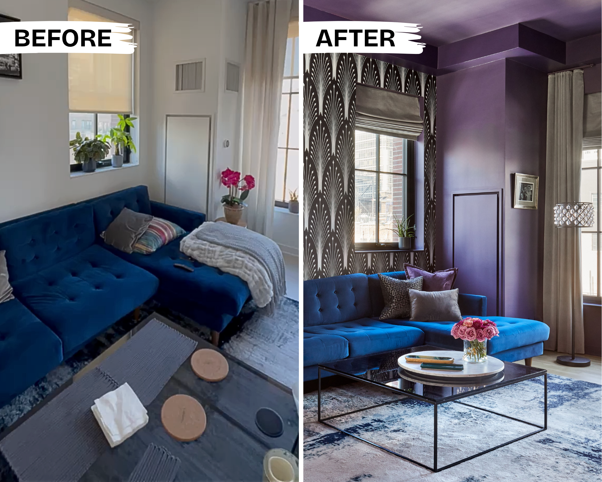 before + after: living room glam up from basic white walls into moody and seductive liar