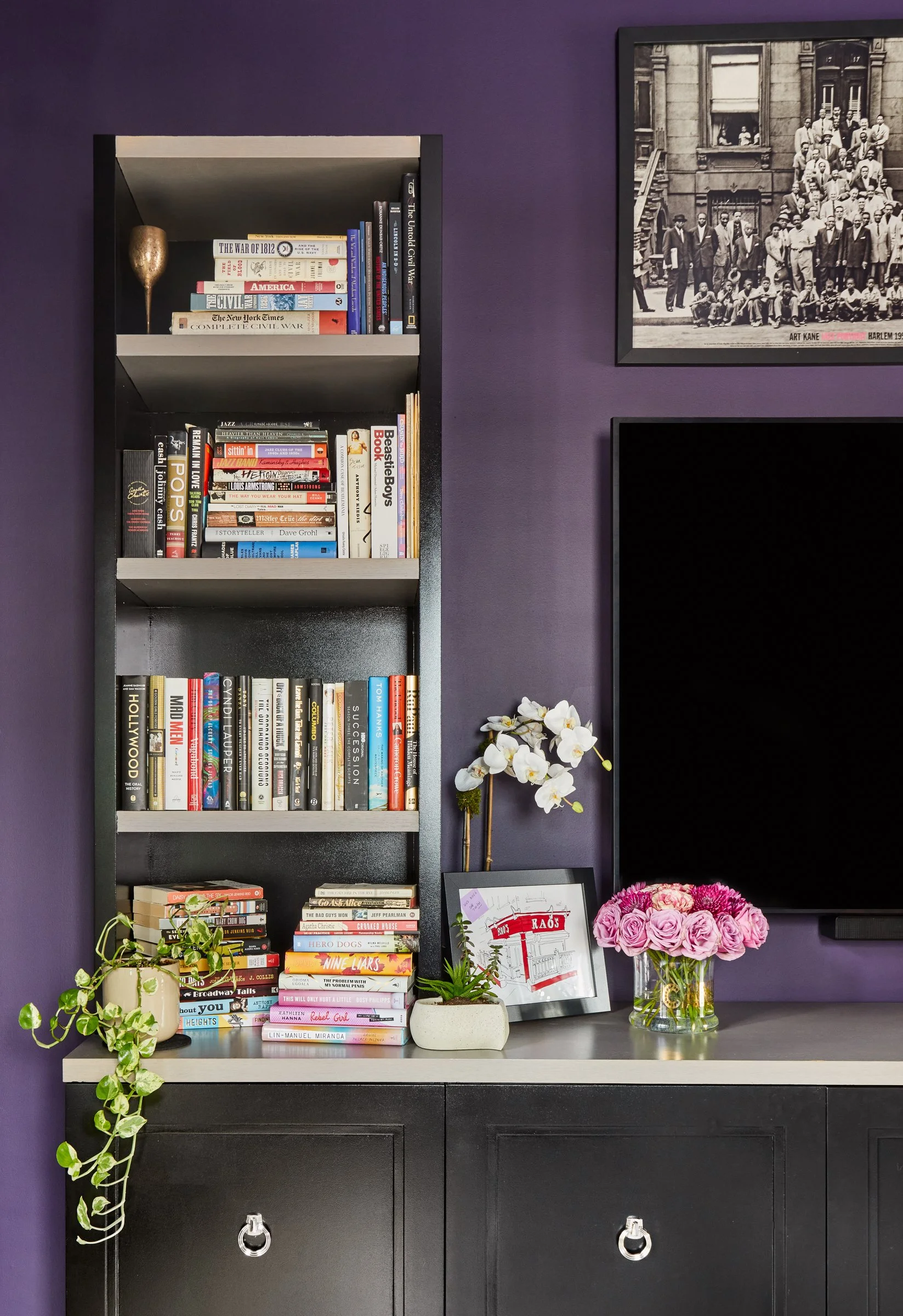 the original white walls and custom built-ins didn't suit the client who wanted a more gothic and glam with deep shades of rich colors
