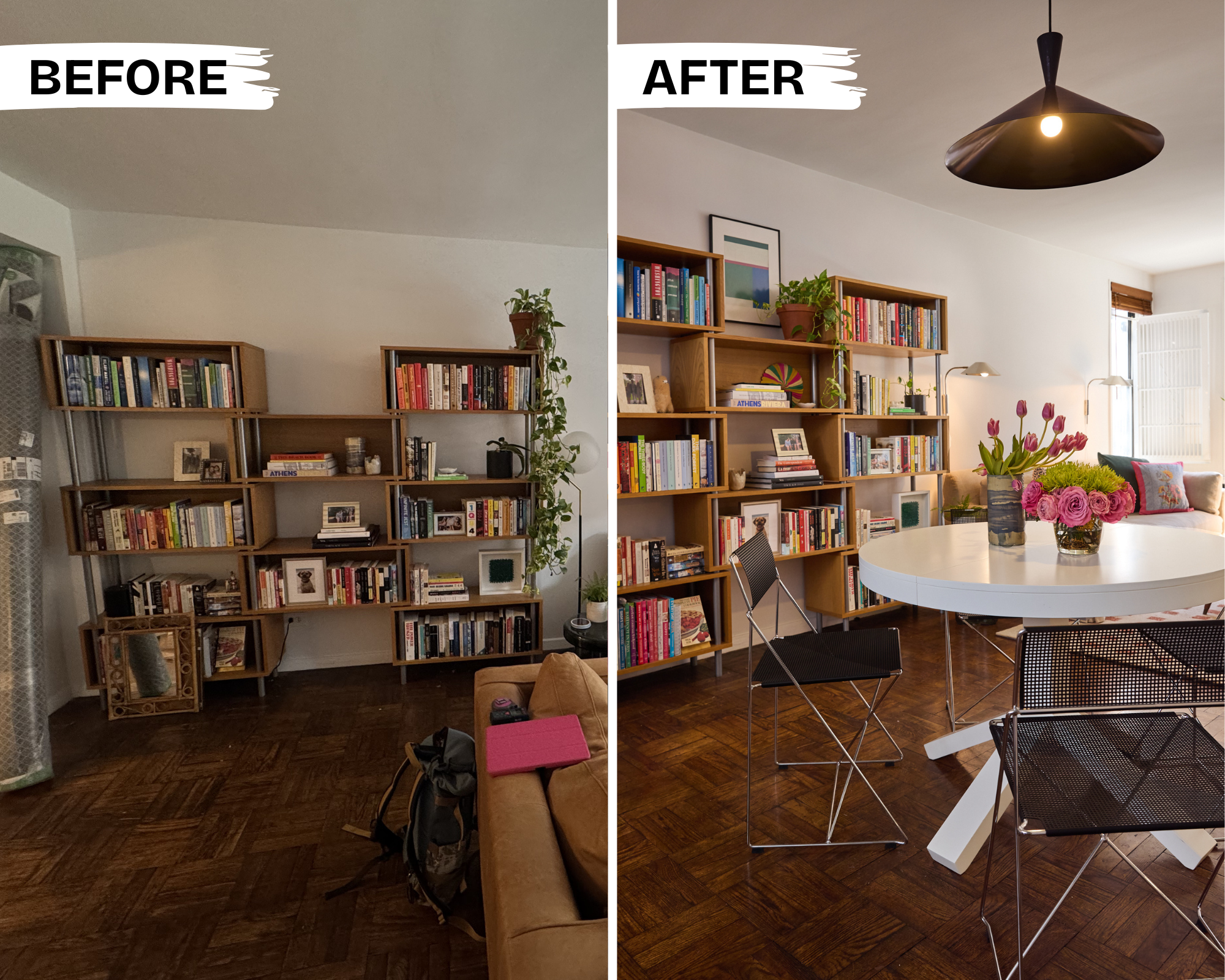 Before + After bookcase organization in NYC apartment