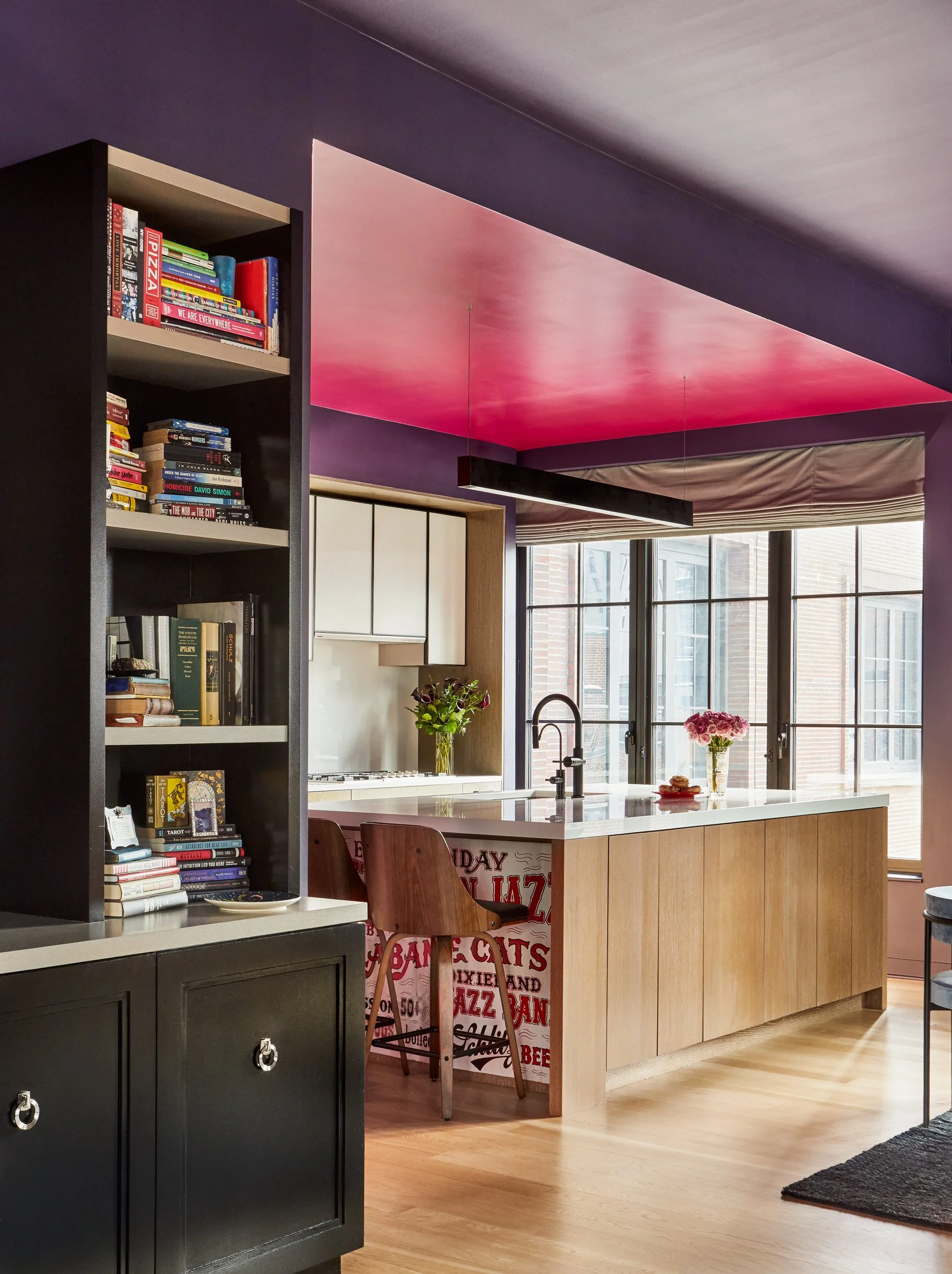 color drenched open floor plan apartment in midtown manhattan