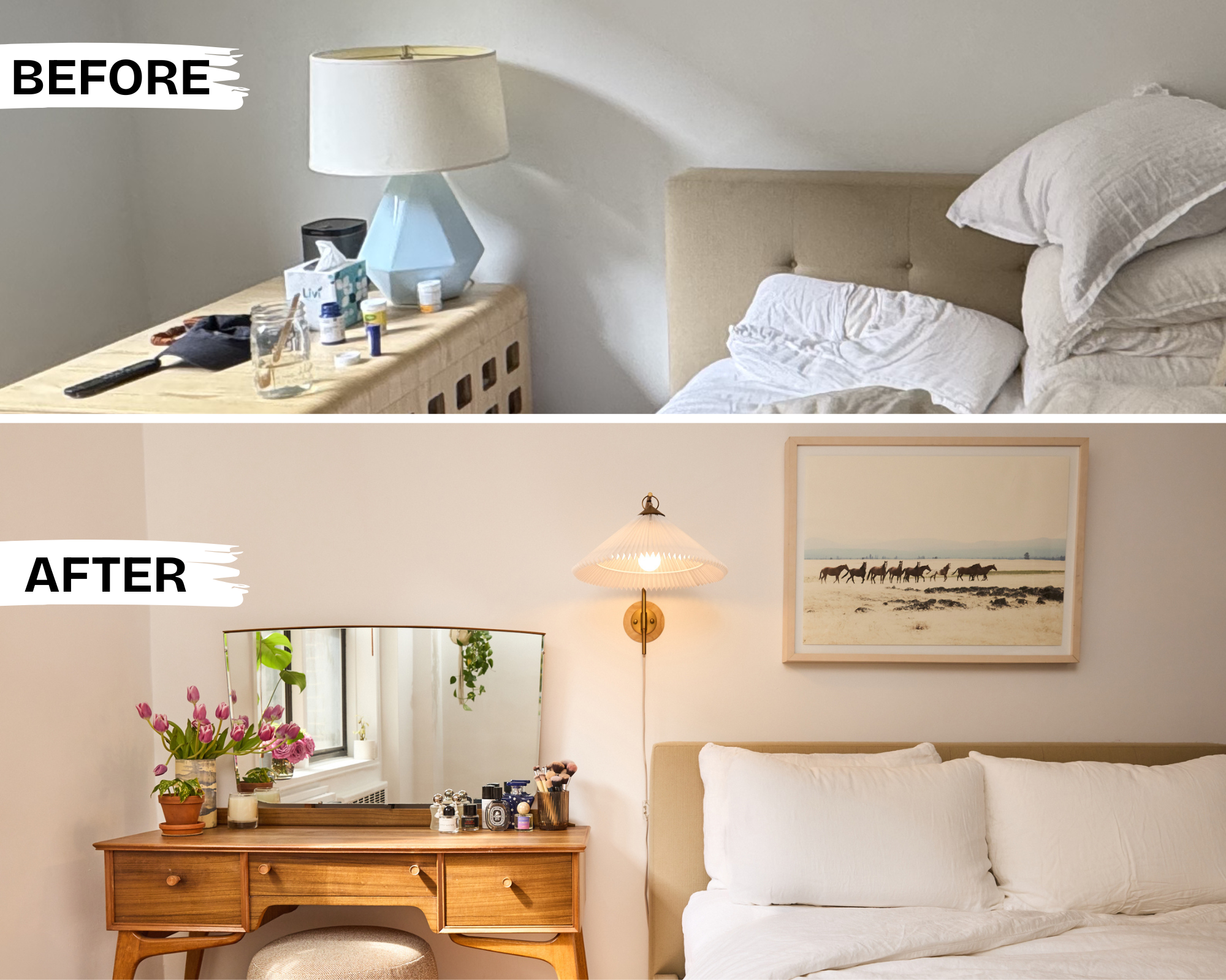 before + after: plug-in wall sconces create additional surface space on nightstands