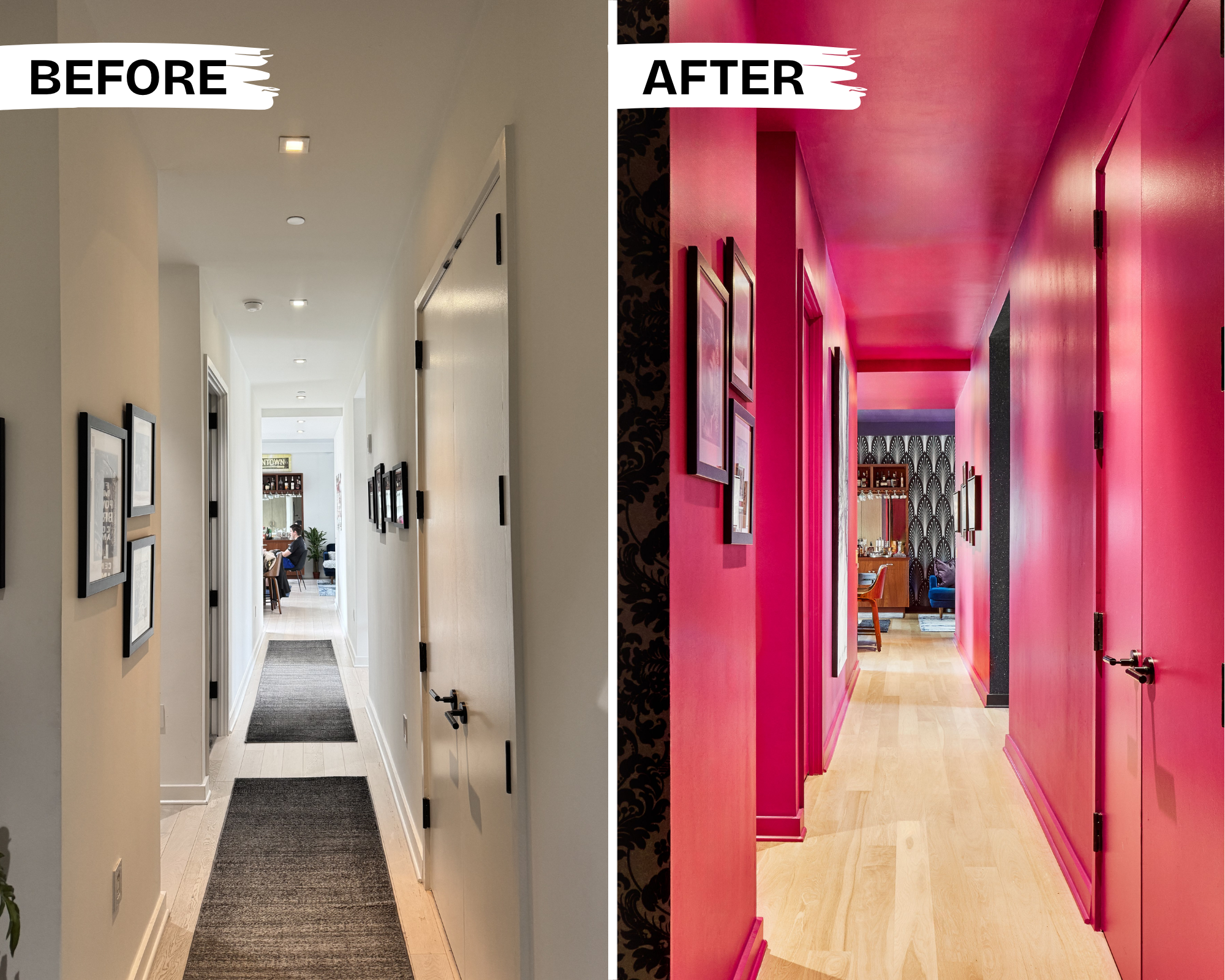 before + after: white basic box to fuchsia high drama color drench hallway in midtown Manhattan