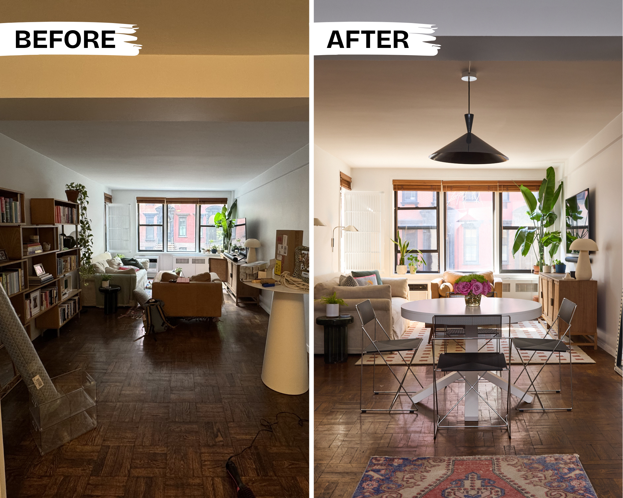 before + after: nyc living room with a new pendant light fixture, dining table and chairs 