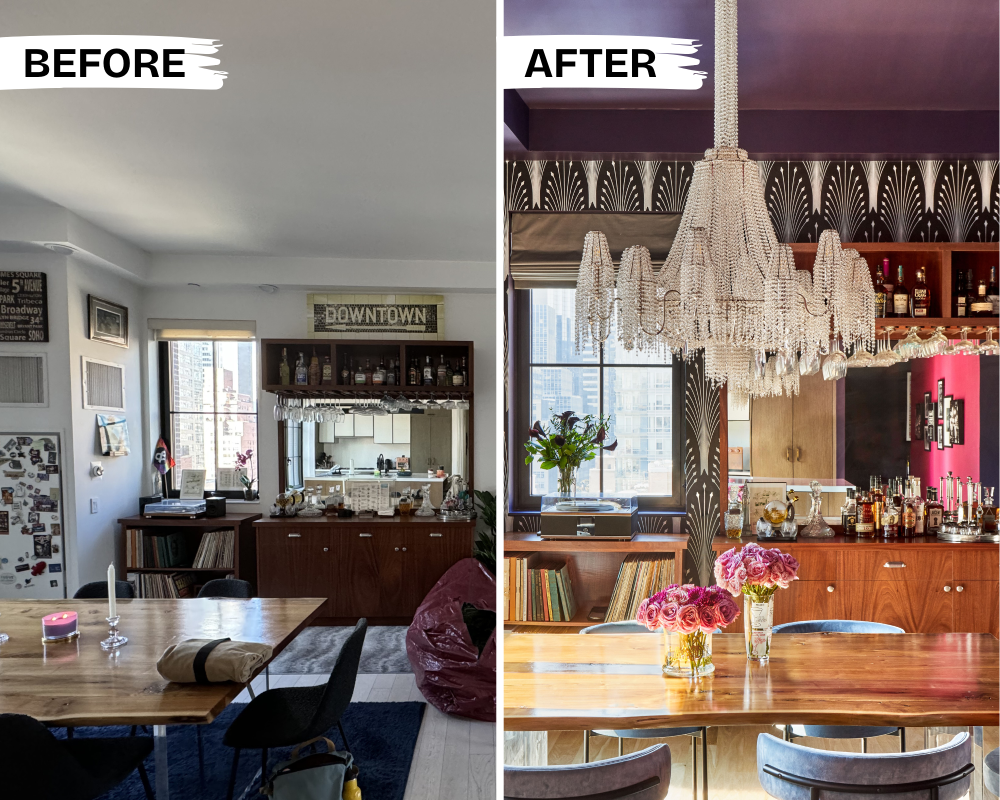 before + after: open floor plan dining room view in midtown Manhattan 3 bedroom