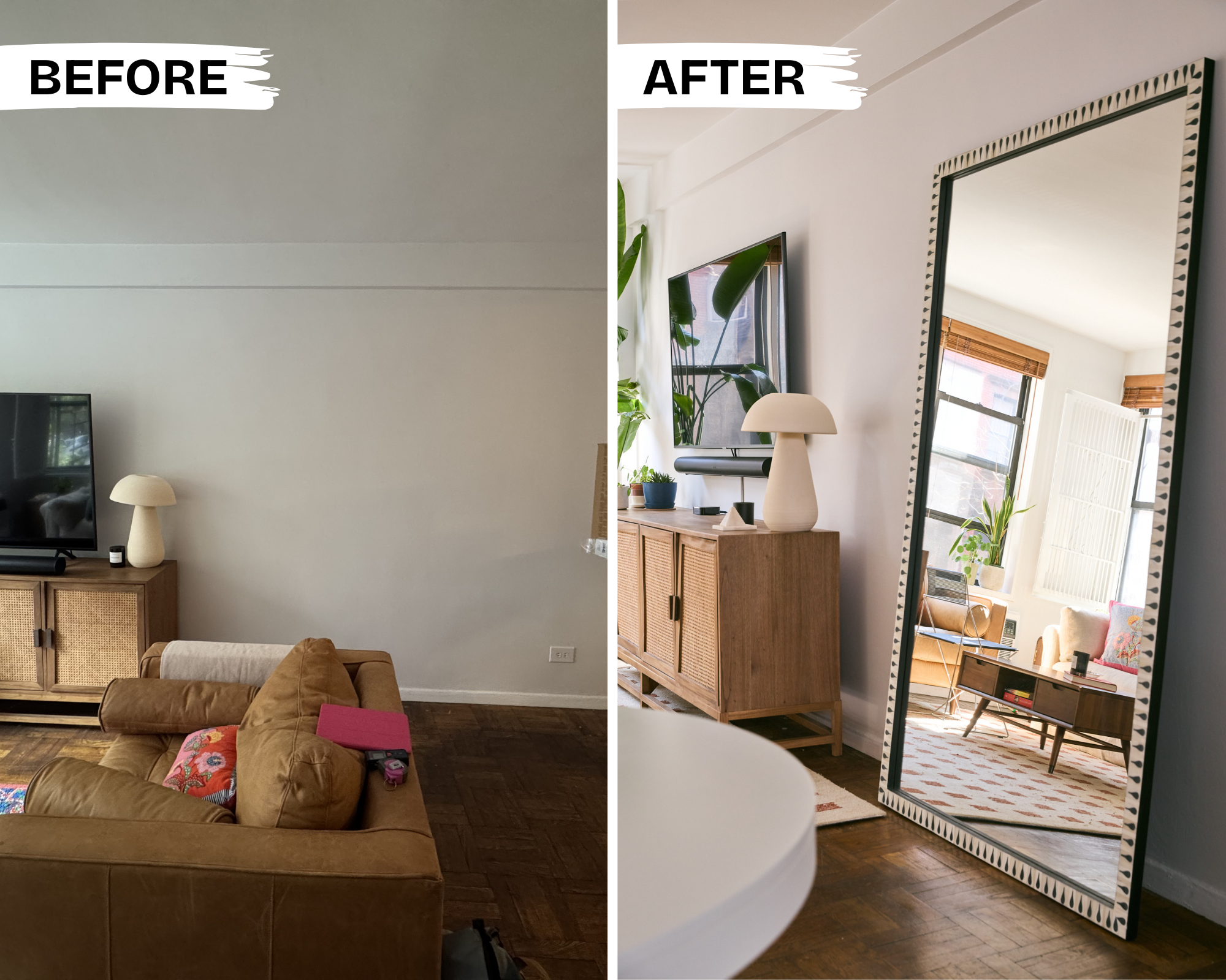 before + after: large floor mirror bounces the light and increases brightness of the dining area in this Gramercy Park NYC