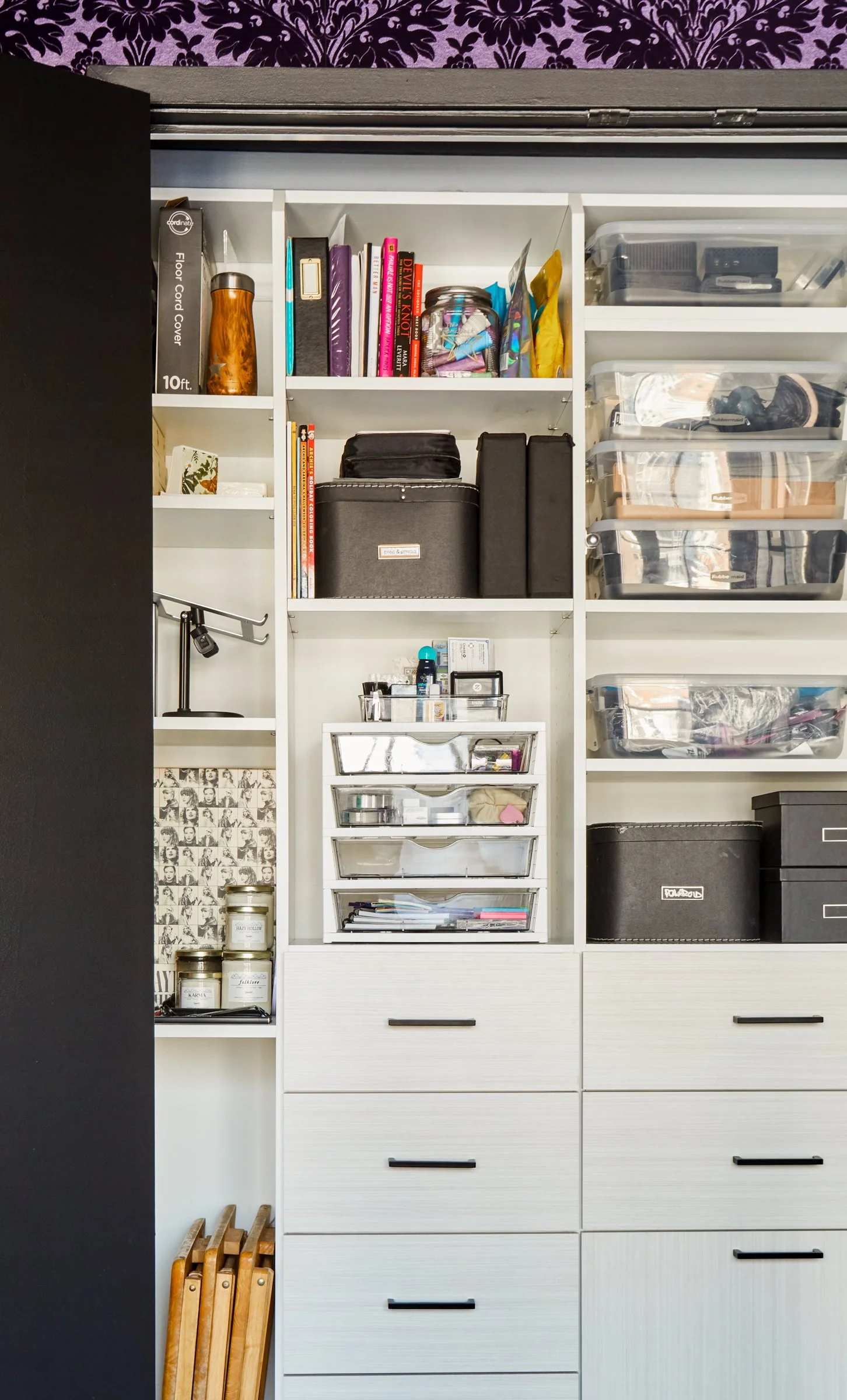 Podcaster home office and studio supply closet