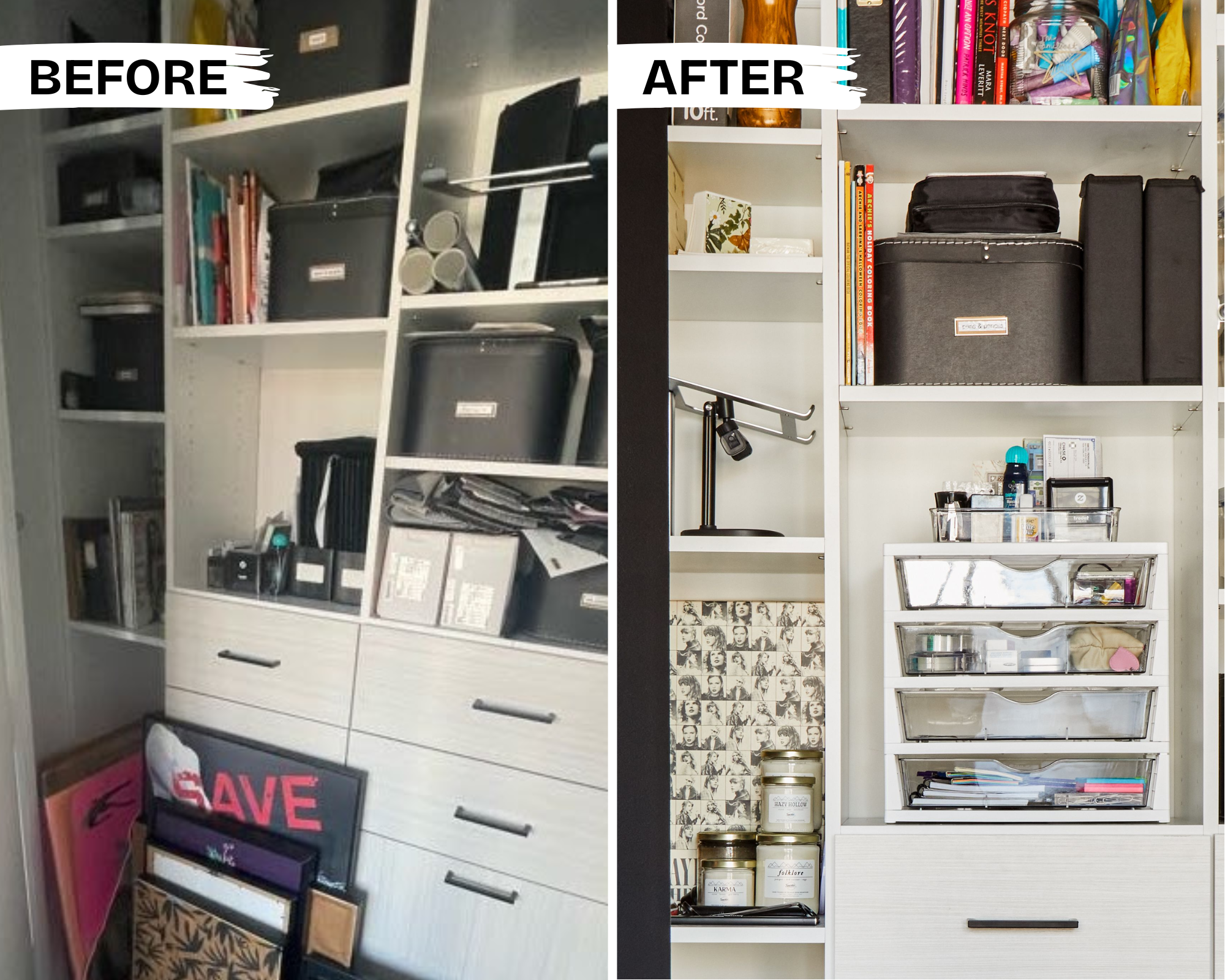 before + after office supply closet organization