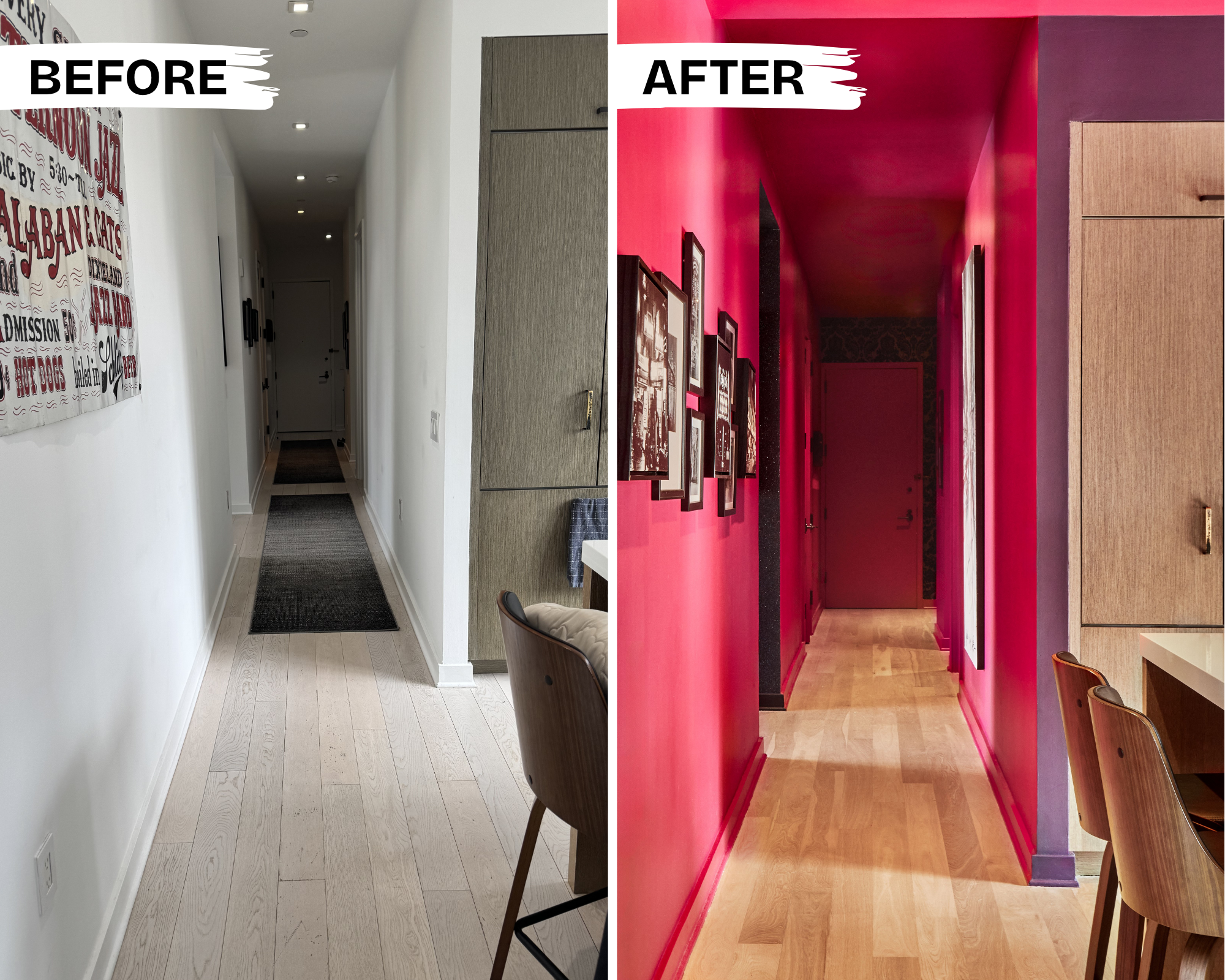 before + after view from kitchen to the front door. black + white art pops against the fuchsia color drenched walls