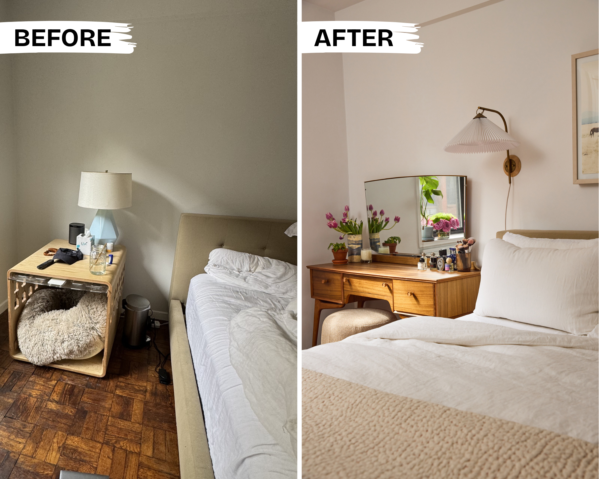 before + after: vintage vanity doubles as a night stand