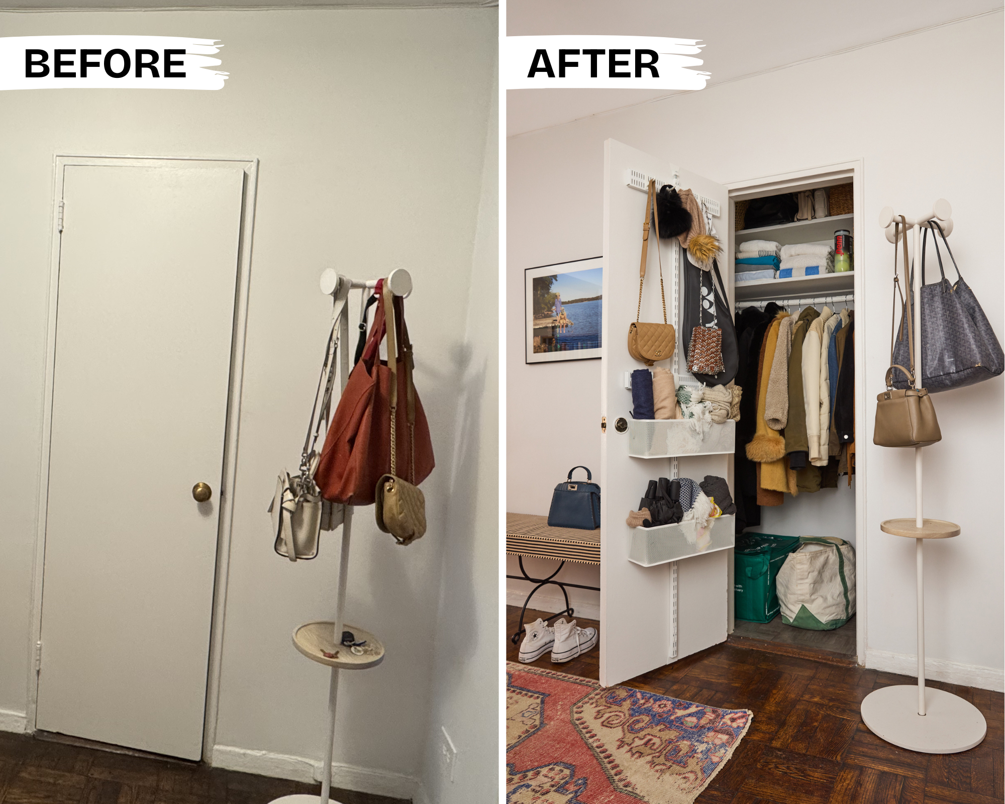 Before and After front hall closet organization