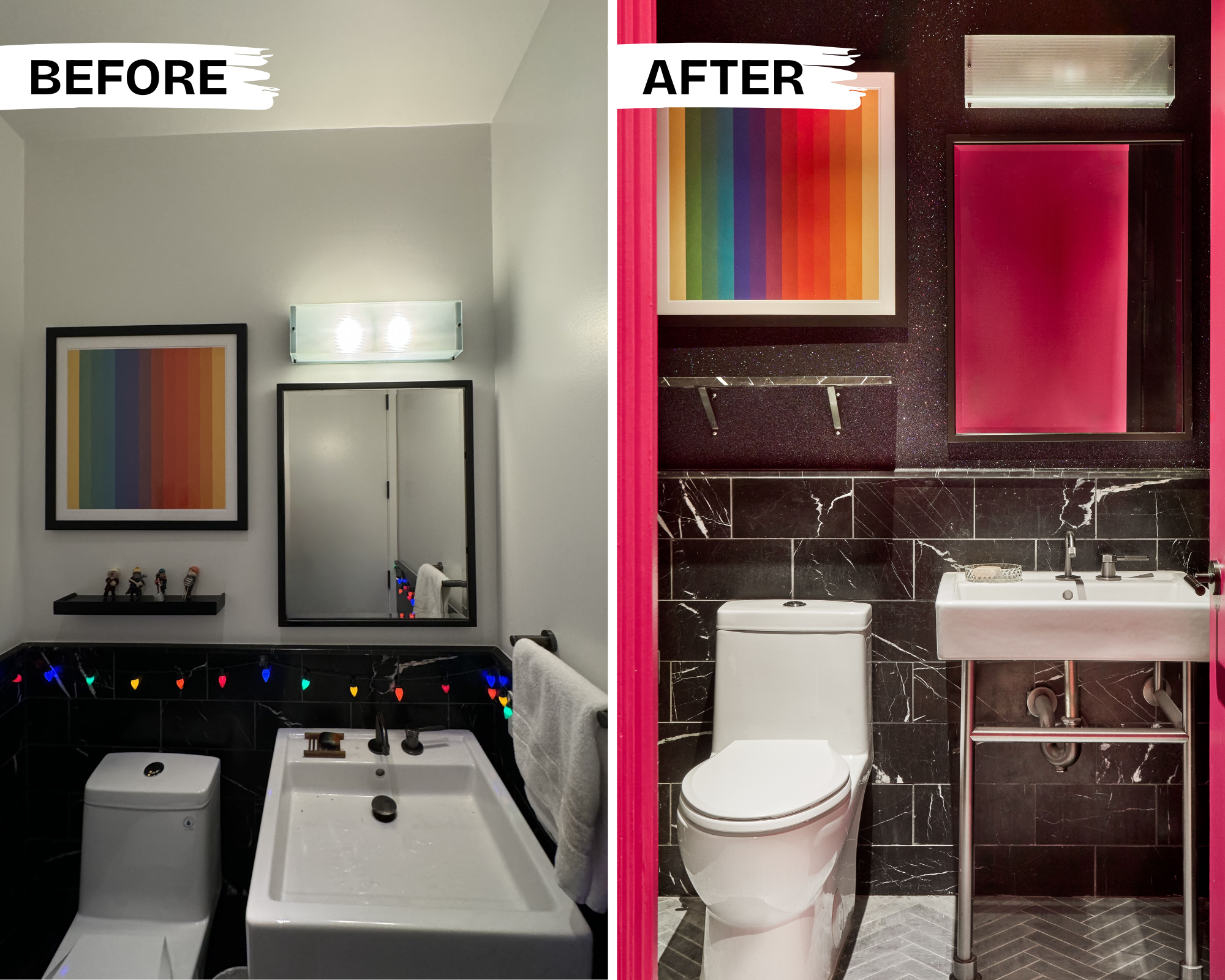 before + after: glitter black wallpaper highlights the marbleized tiling in the powder room in this NYC apartment