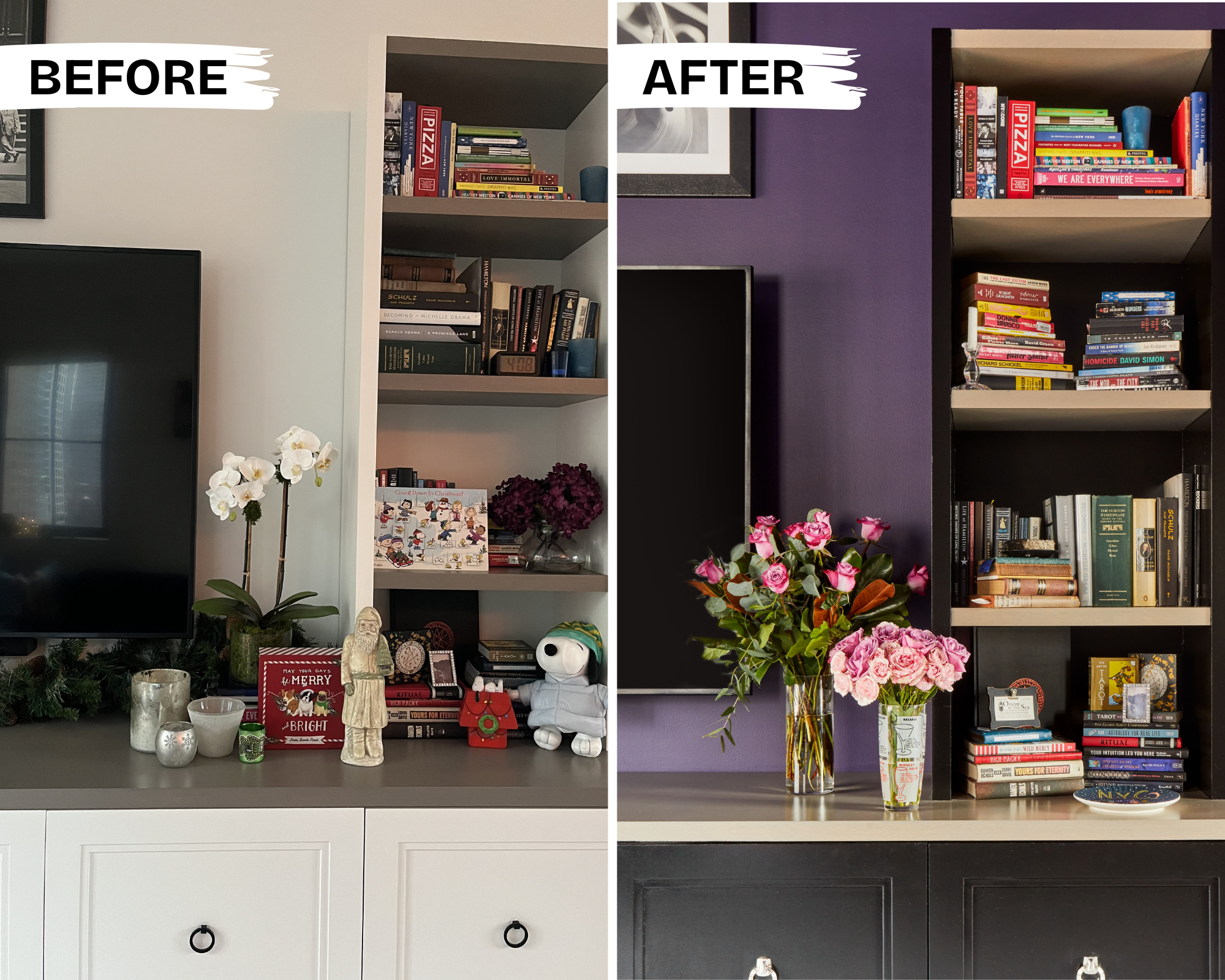 before + after: built-in bookcases get a makeover of high gloss black paint and new hardware while the once white walls are now a deep plum