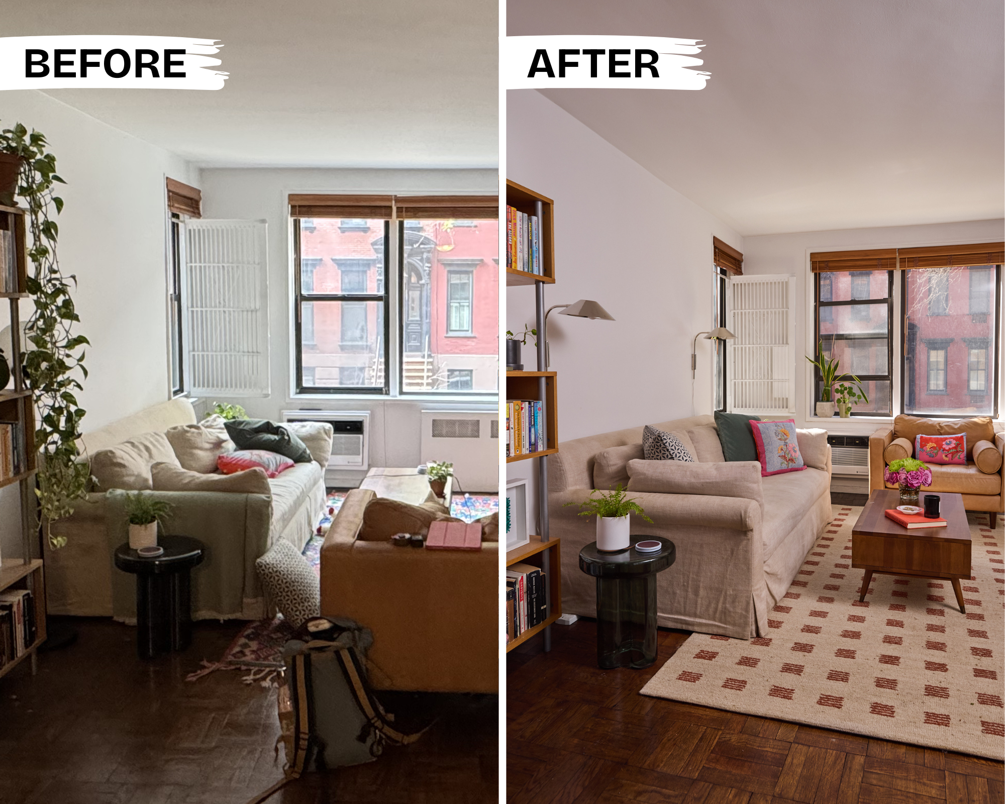 before + after living room with new rug and plug-in wall sconces which are renter friendly