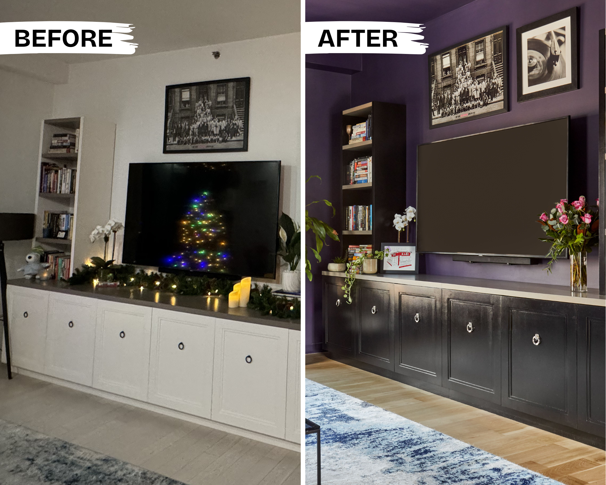 before + after: built-in bookcase get a gothic glow up in a midtown Manhattan apartment
