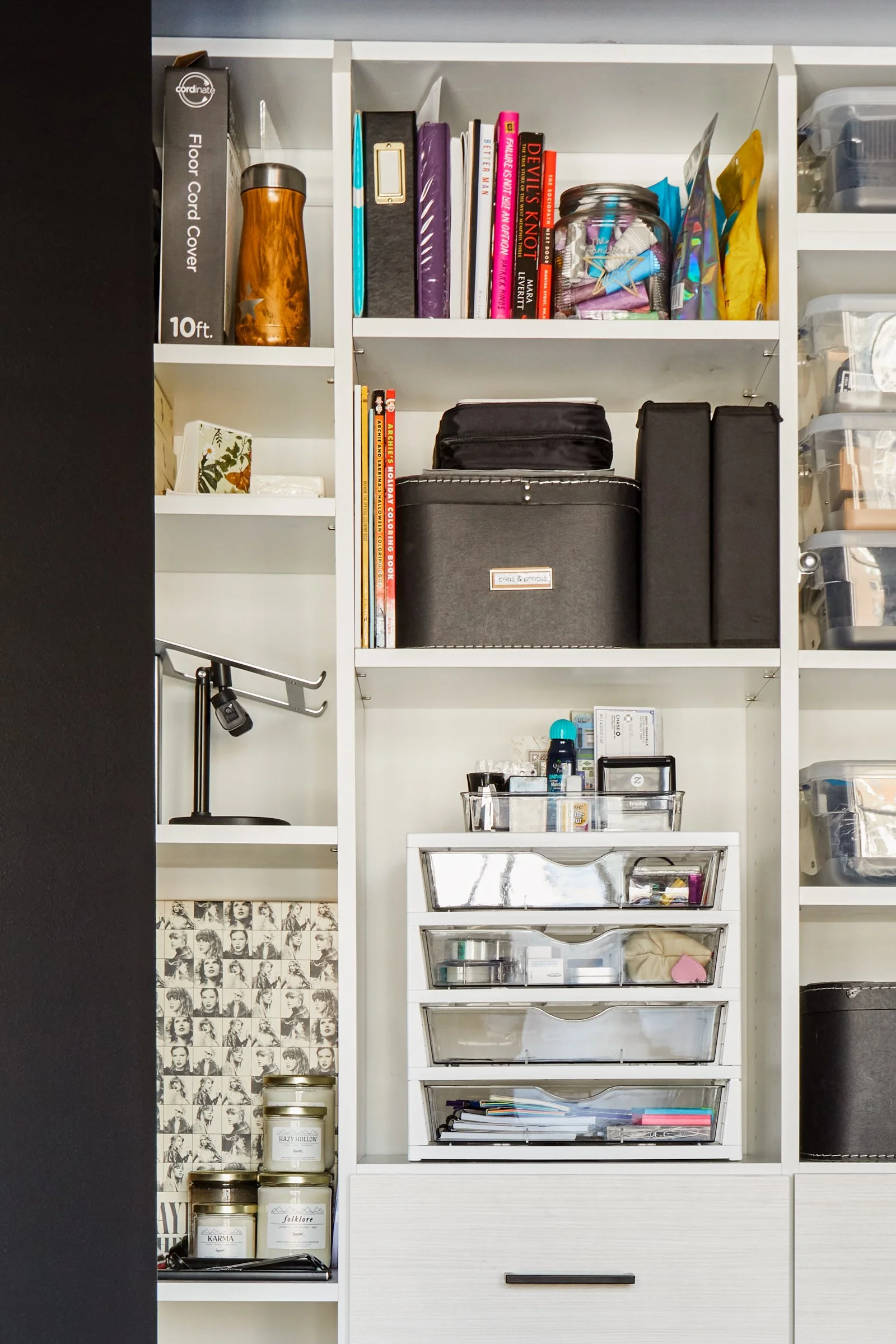office supplies and podcast studio storage in a home office