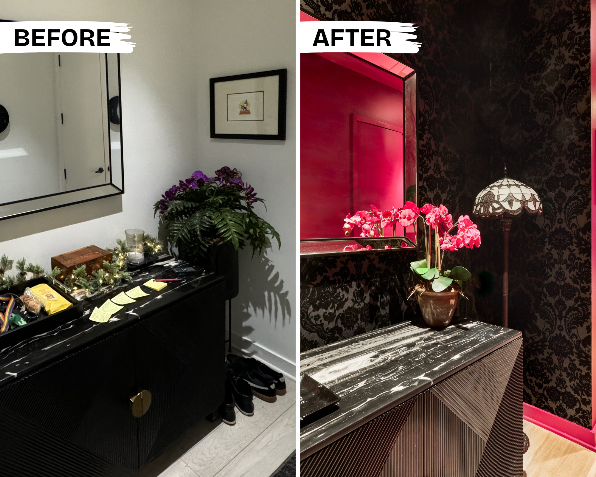 before + after: apartment entry, same mirror, same credenza, new paint and new wallpaper