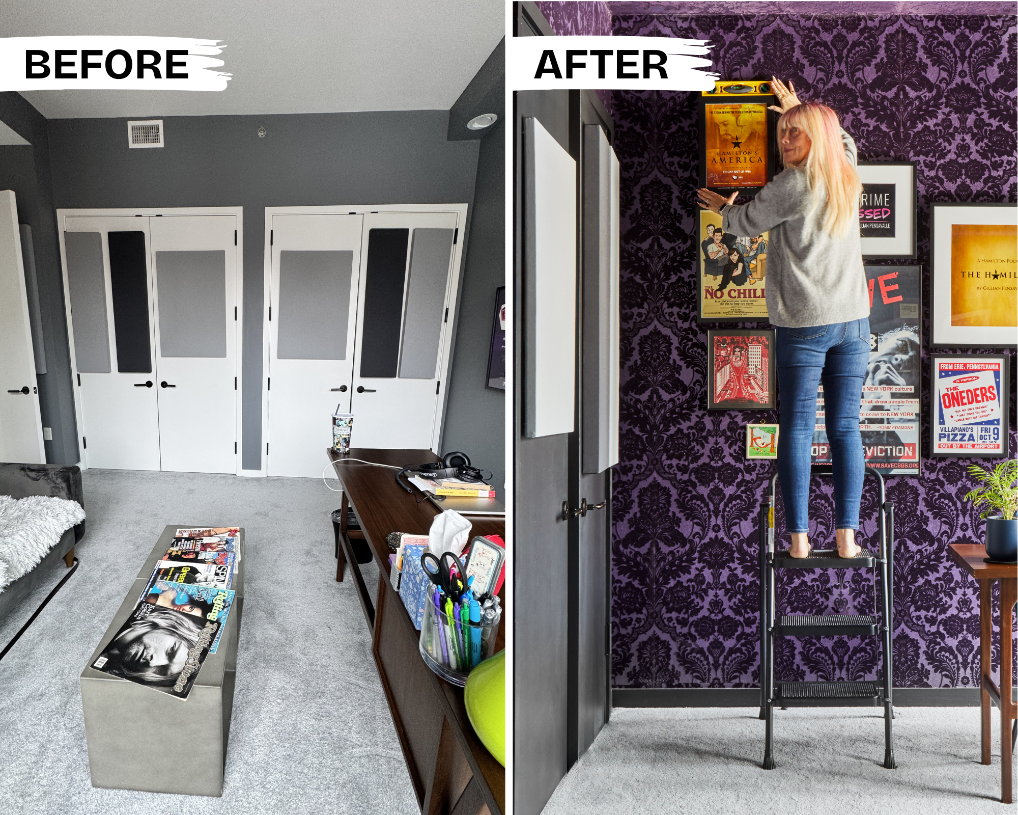 before + after: podcaster home office needed something that popped during recordings and video calls