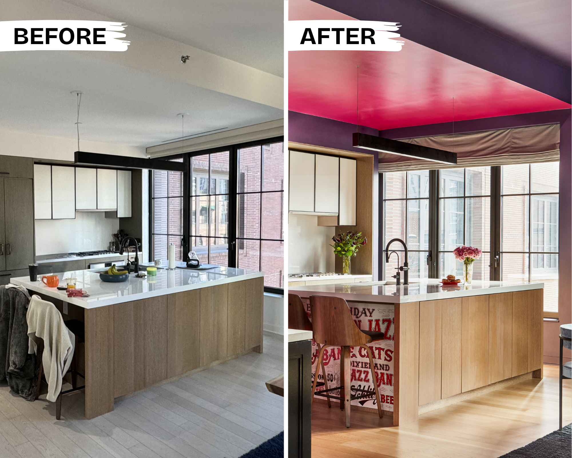 before + after: open format kitchen gets a color splash of fuchsia and royal plum painted ceiling