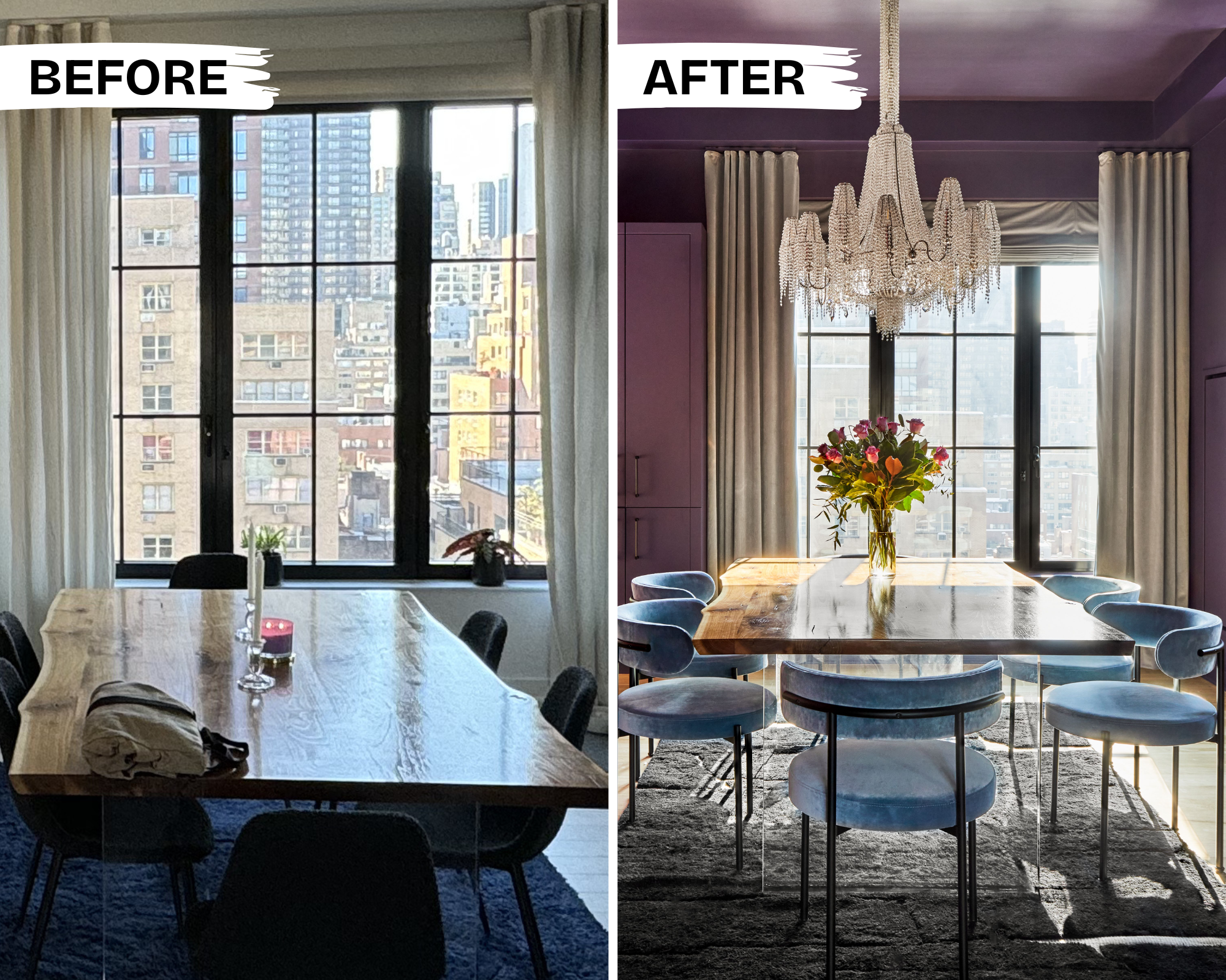before + after: kept the live edge dining table and added new rug, chairs, window treatments, crystal chandelier and a color drenched walls and ceiling and the vibe changed completely