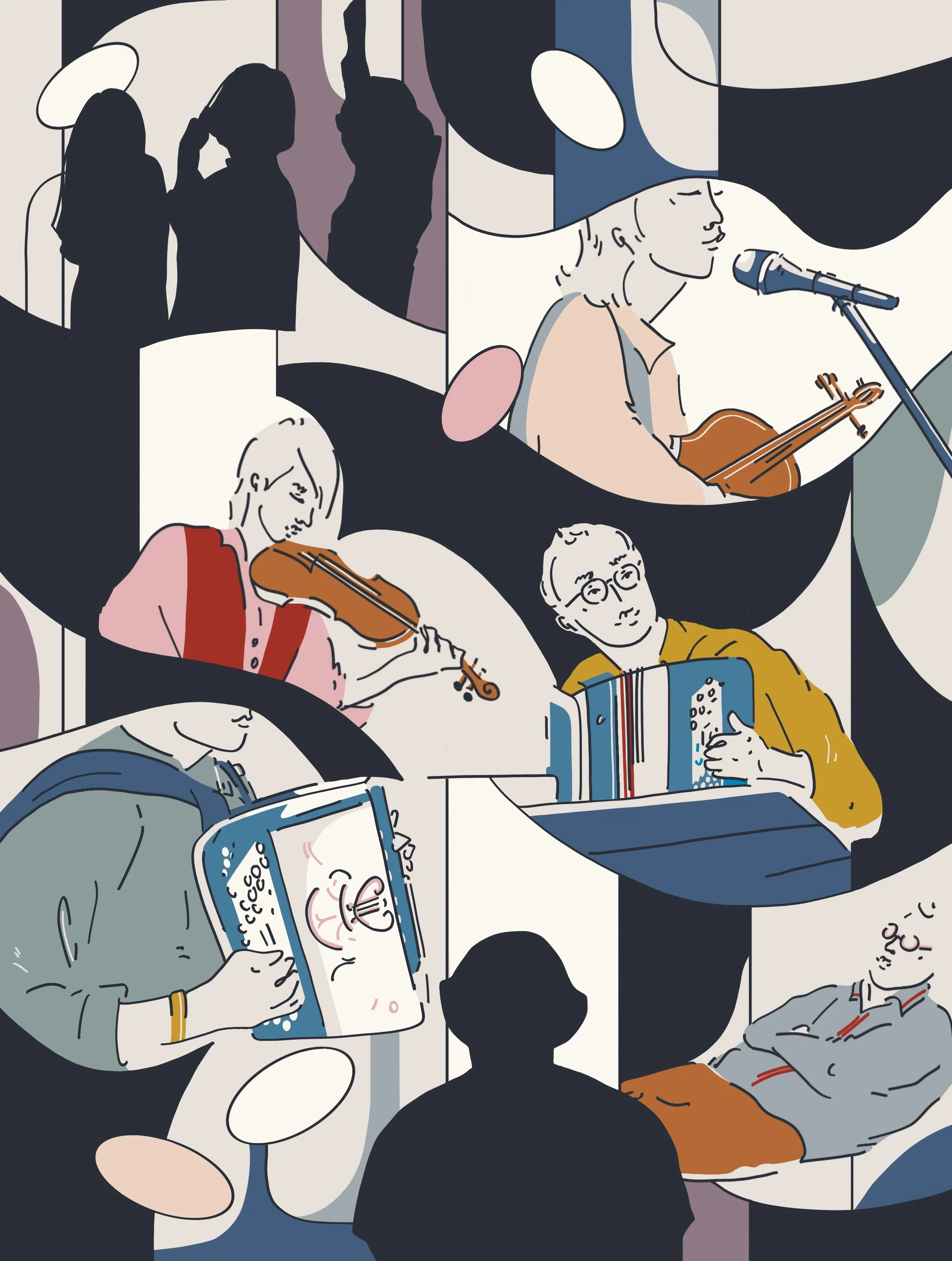 A digital illustration of people engaging with various objects, including a woman playing the violin, a woman reading a book, and a man looking at a tablet, with abstract geometric backgrounds.