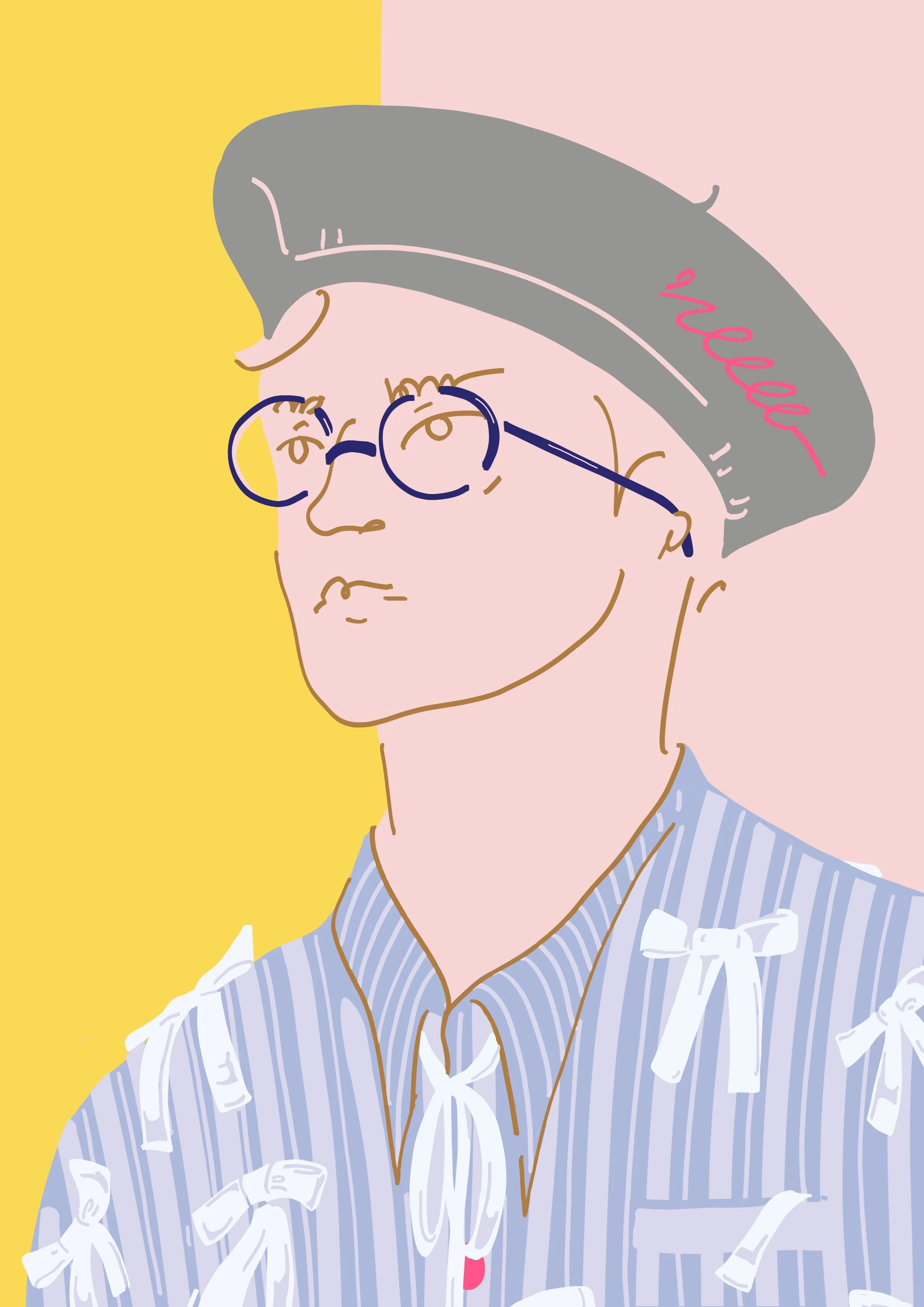 Line drawing of a person with glasses, wearing a striped shirt, surrounded by scattered dollar bills, with a gray whale above their head against a pink and yellow background.