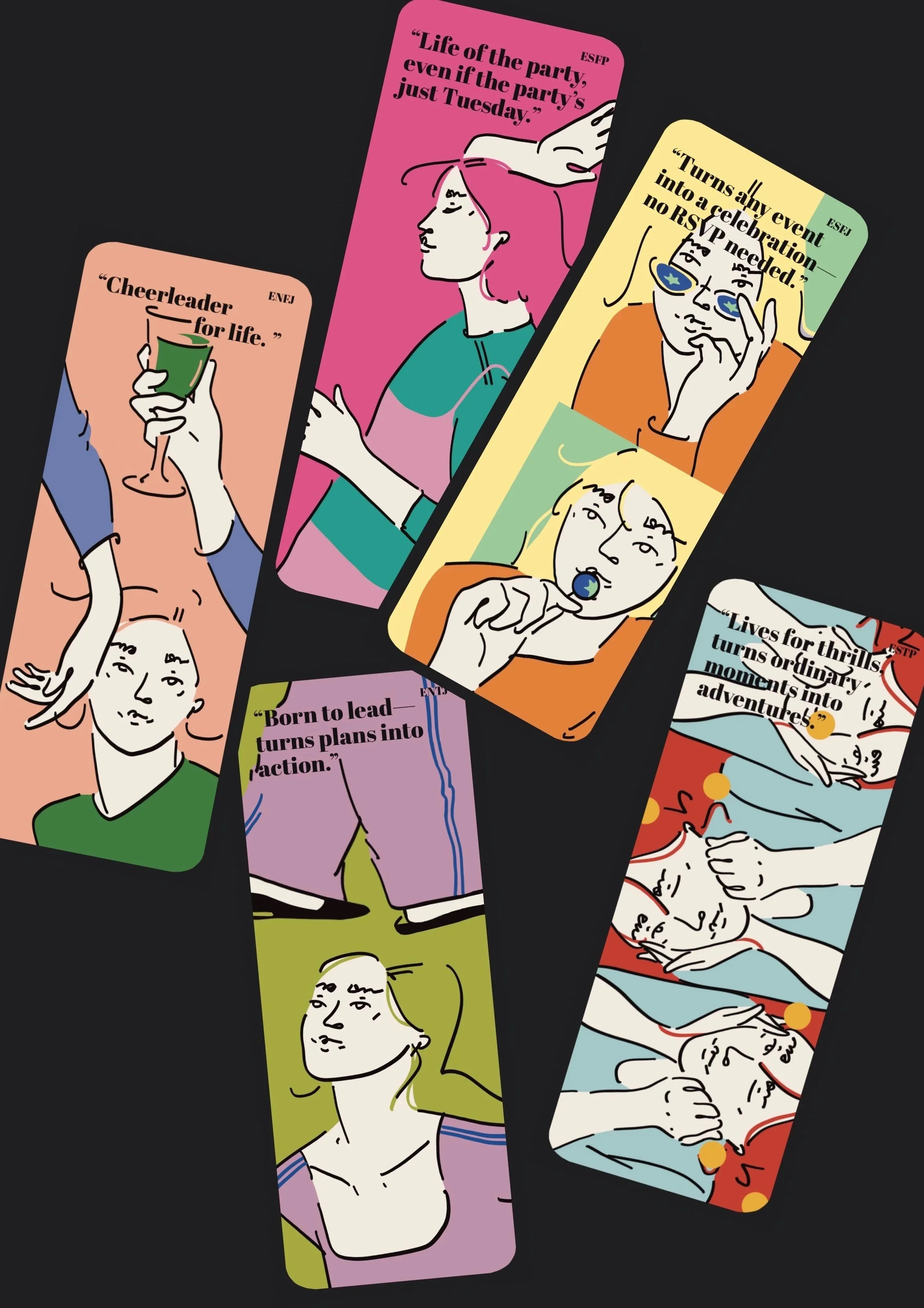 A collection of colorful illustrated bookmark designs with motivational quotes, featuring sketches of women in various poses and styles.