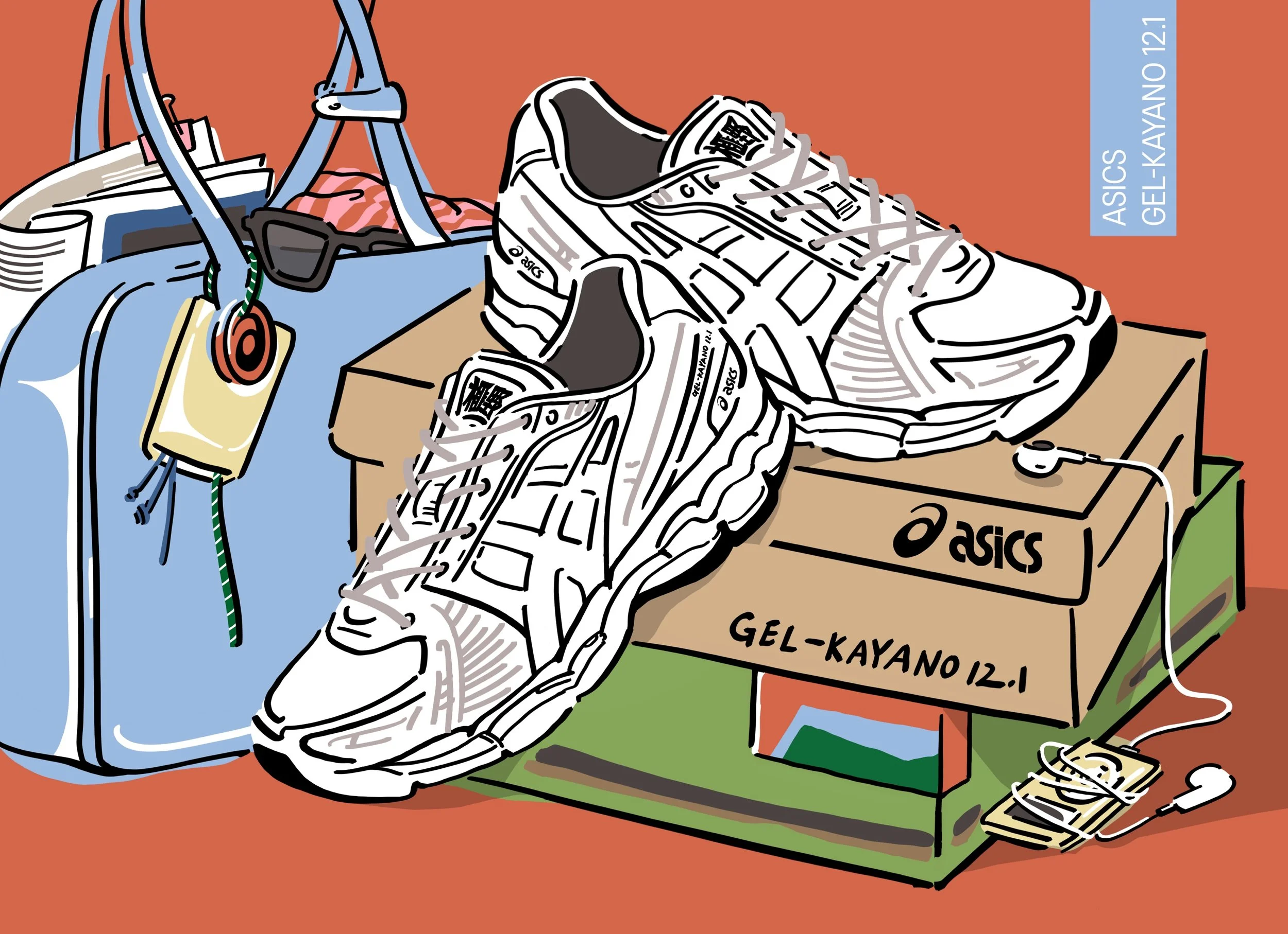 graphic illustration of an ASICS GEL-KAYANO 12.1 sneaker on its shoebox beside a light blue duffle bag with hanging sunglasses, on a bold terracotta-orange background