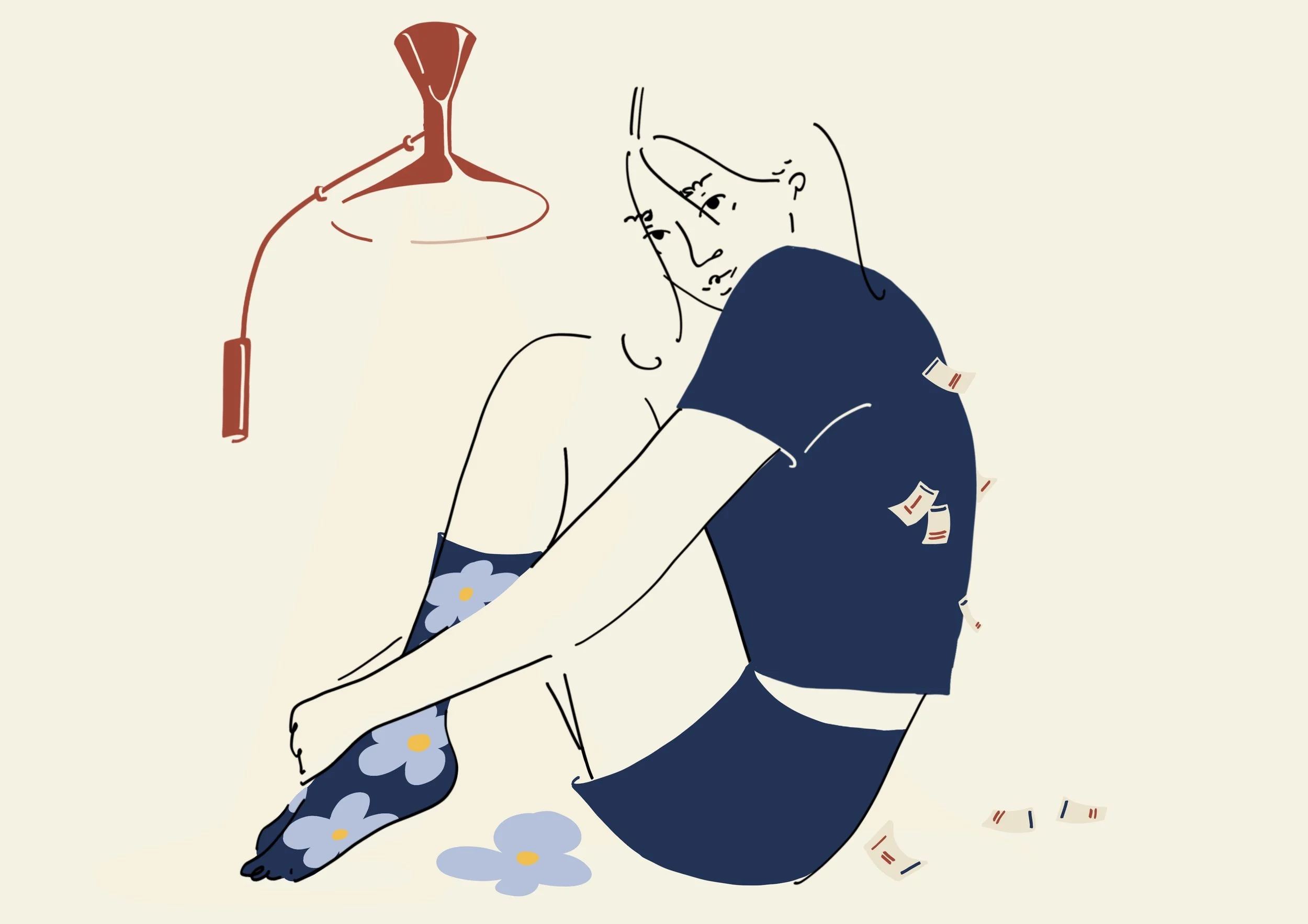An abstract line drawing of a person with short hair and a tattoo of flowers on their arm, sitting and either thinking or resting, with torn paper or paper scraps scattered around. A red pendant light hangs above.