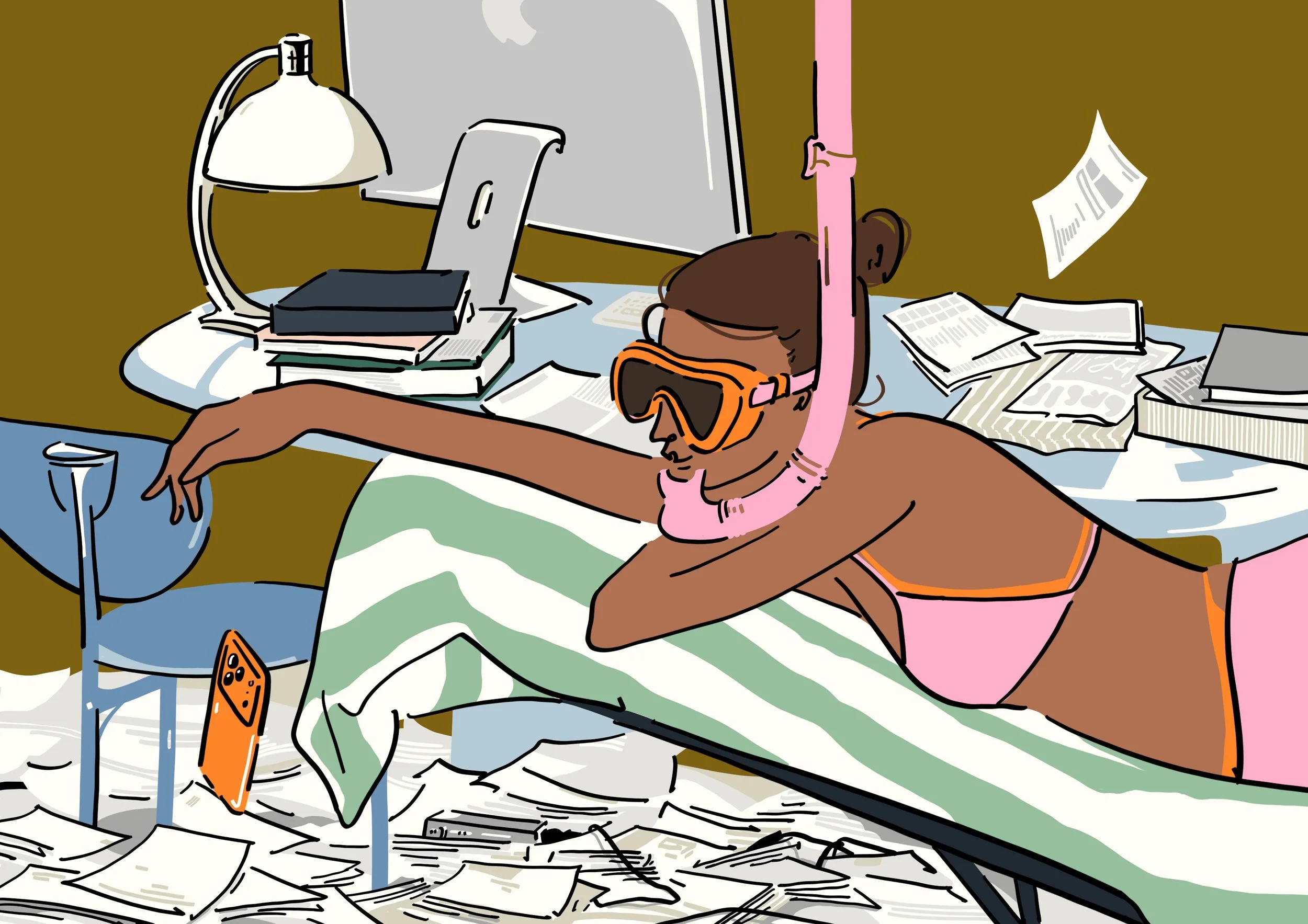 A cluttered workspace with a person lying on a bed or couch, wearing glasses, surrounded by papers, a laptop, a water glass, and an ironing board with an iron, with a desk lamp and a computer monitor on a desk in the background.