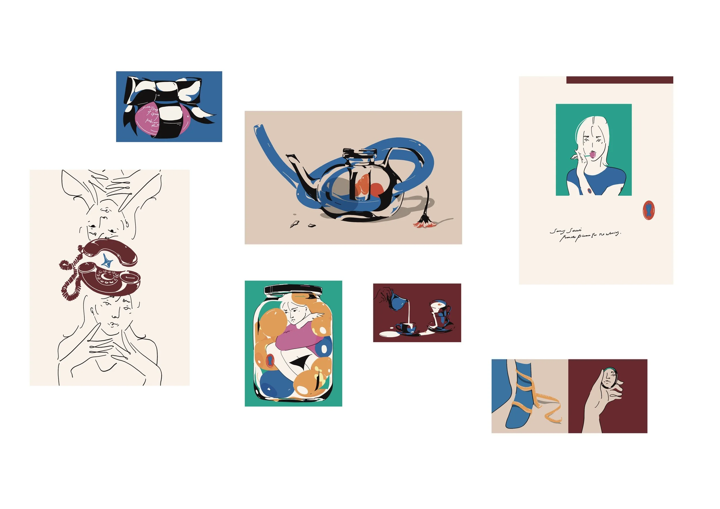 A collage of various illustrated images featuring woman portraits, a teapot, a telephone, a coffee cup, shoes, and a girl with headphones, created in a minimalistic, abstract style with bold colors and lines.
