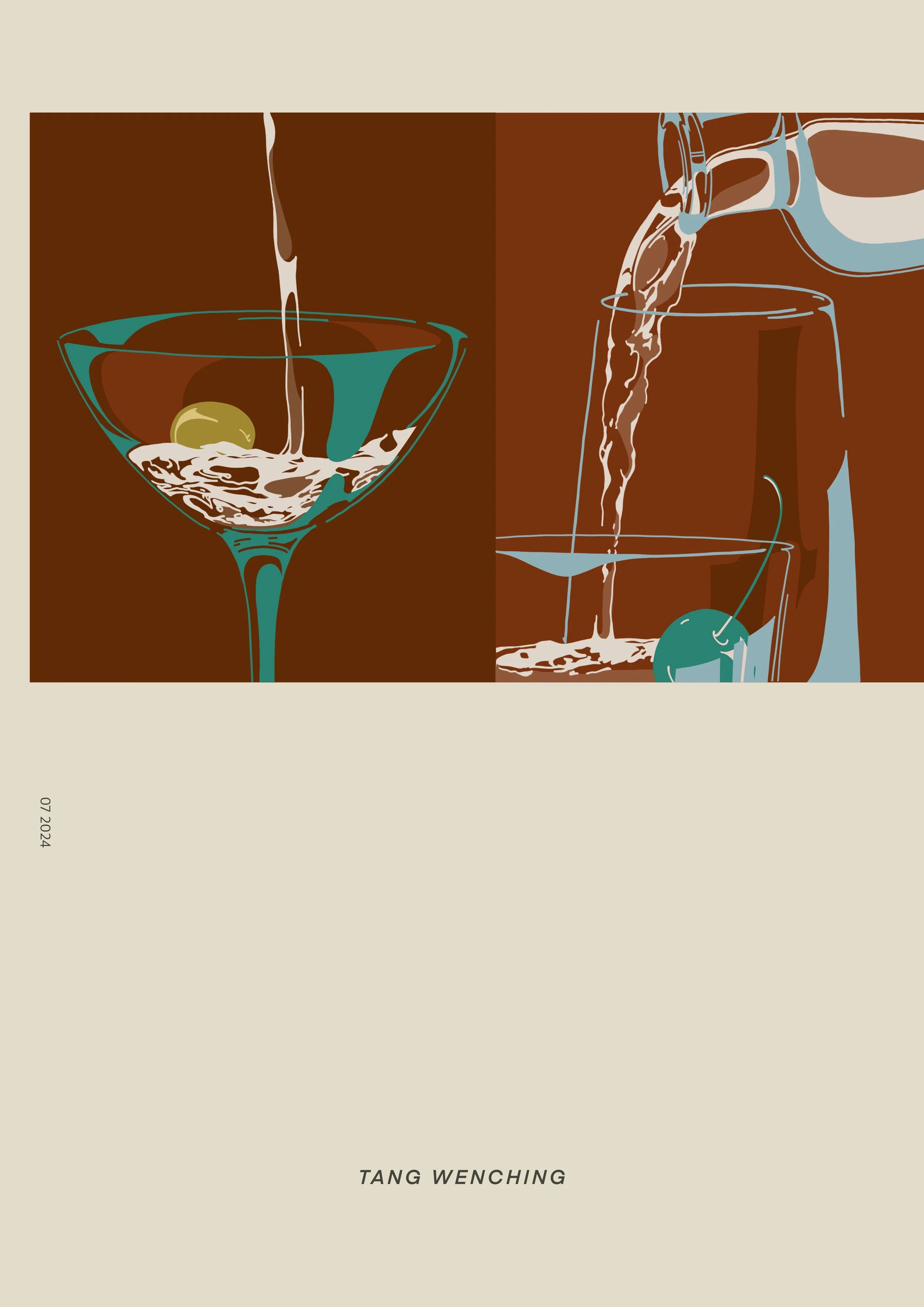 Panel-style graphic illustration in brown, teal, and cream featuring martini glasses from multiple angles and a bottle pouring liquid, arranged in a geometric grid composition