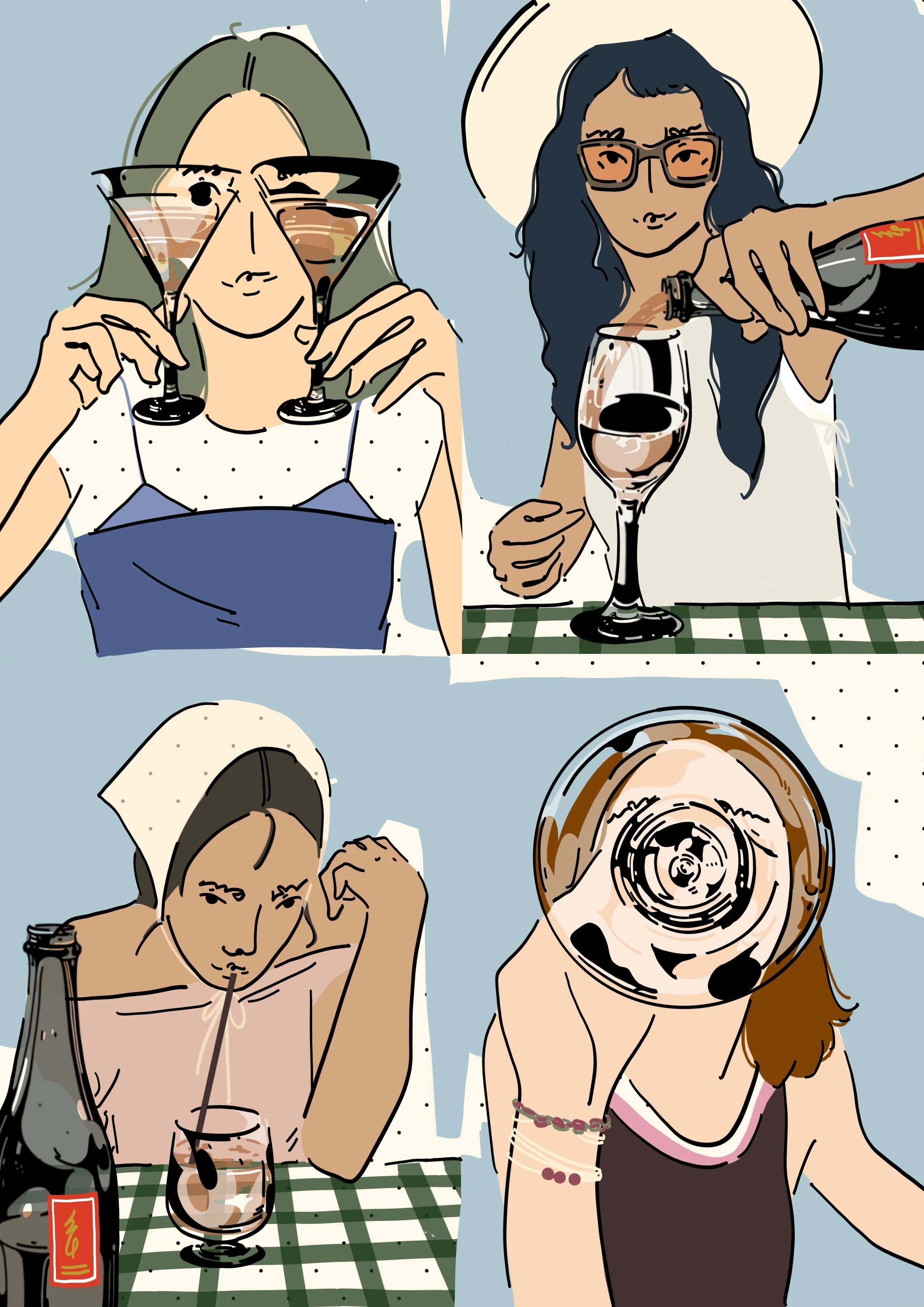 Illustration of four women at a table during a social gathering. One woman is holding glasses with a drink, another pouring a drink into a glass, one resting her head on her hand, and another with a camera.