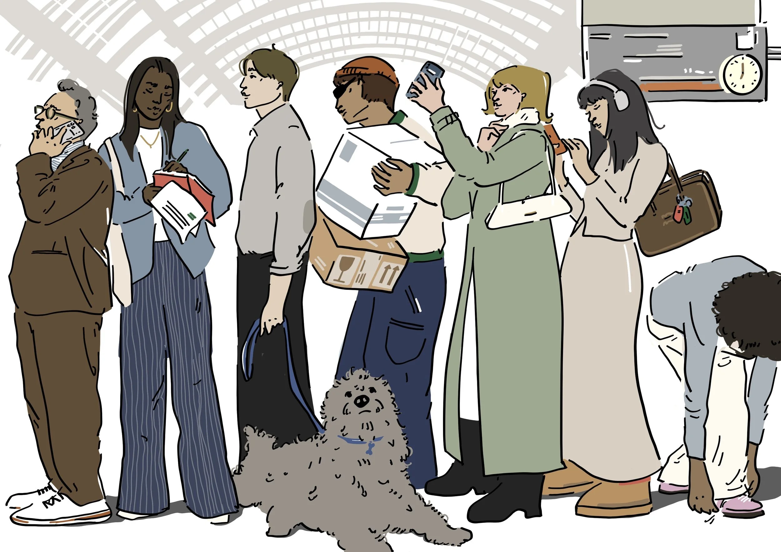 Editorial illustration of a diverse group of people queuing at a subway station — including an older man in an overcoat, a woman in blue overalls, and a person with a large fluffy gray dog