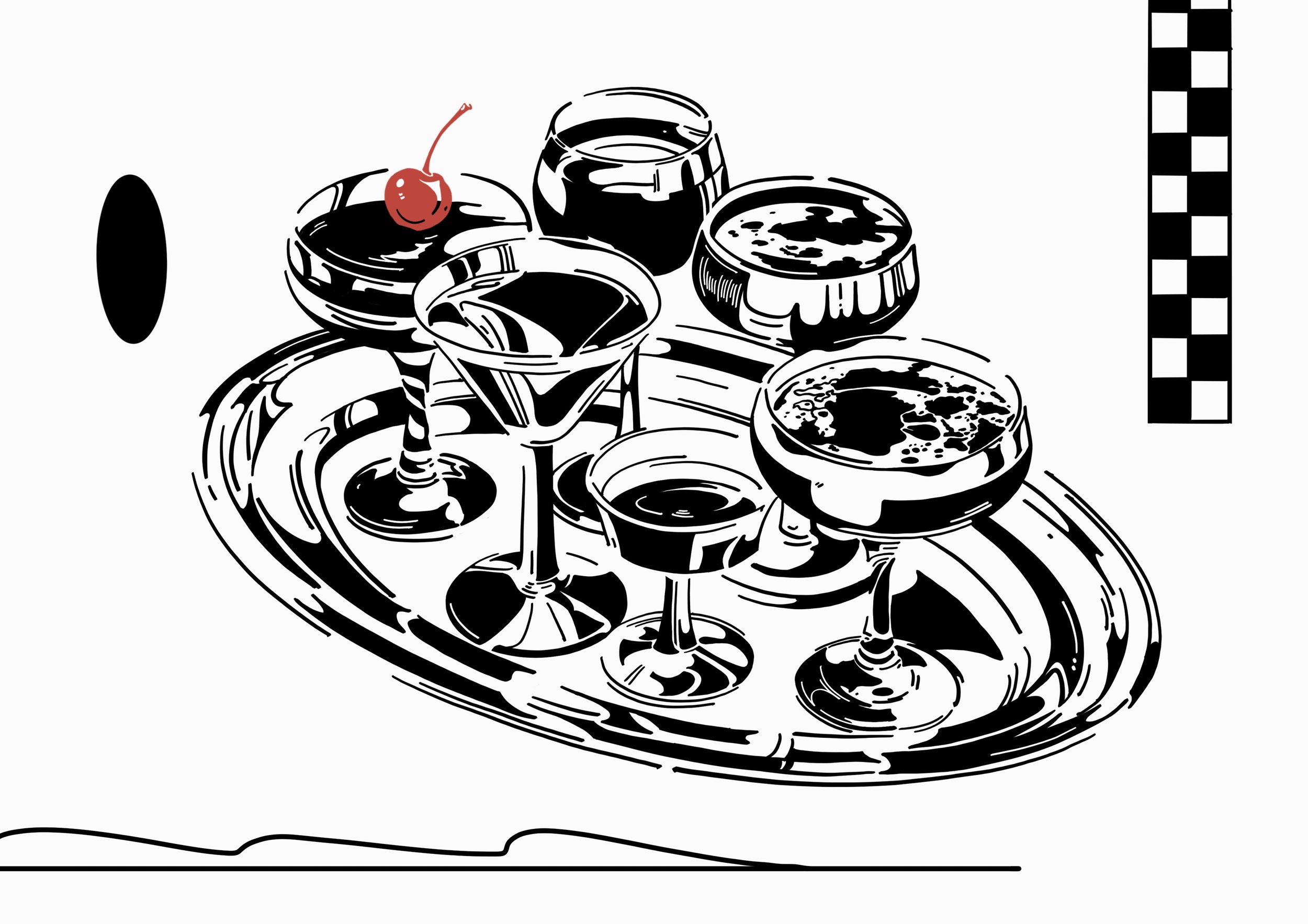 Black and white illustration of a tray with various drinks, including a cocktail glass with a cherry, in a classic style.