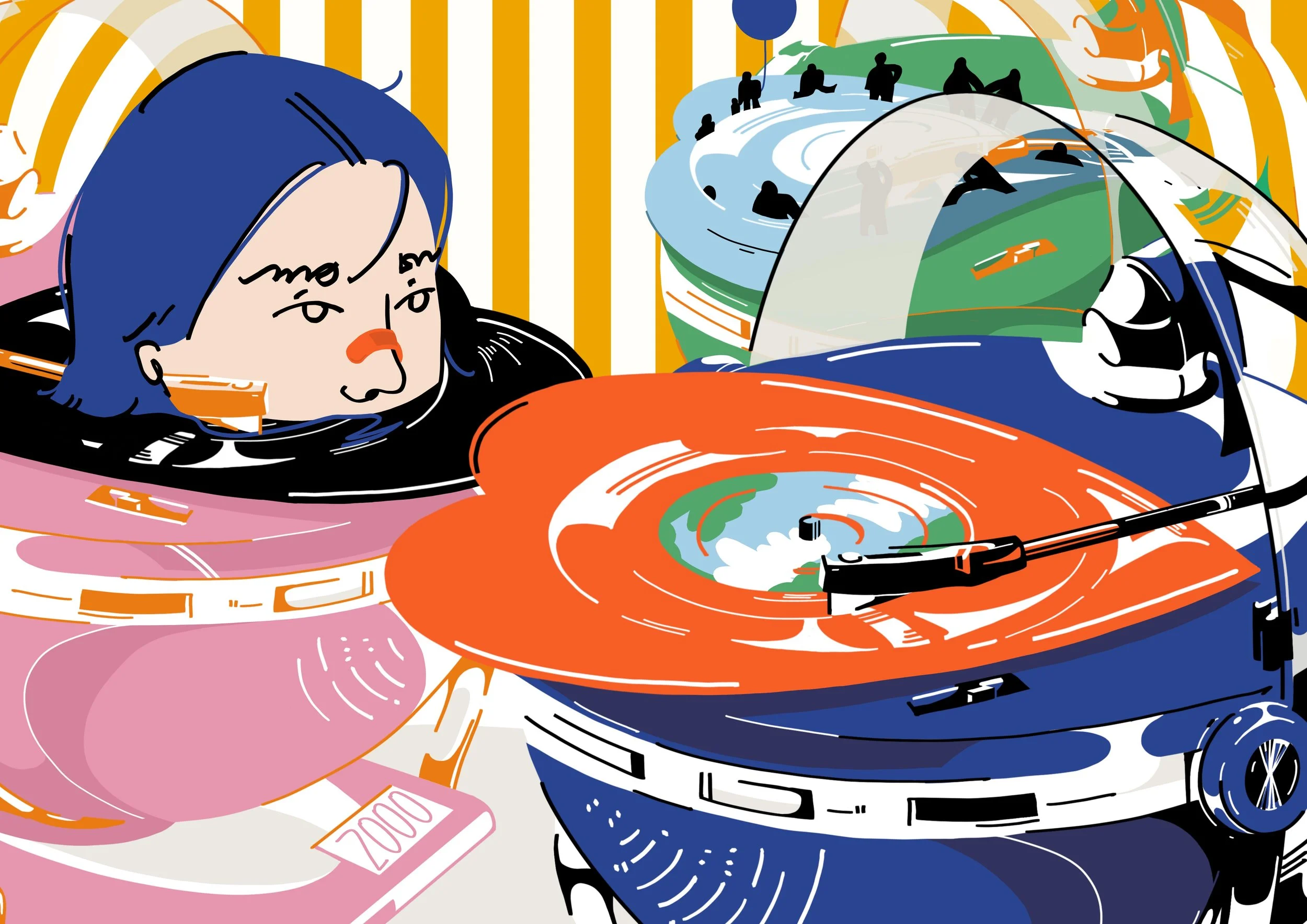 Colorful illustration of a person with blue hair and orange nose lying down near turntables, with other people in the background, and various objects such as a vinyl record and tickets.