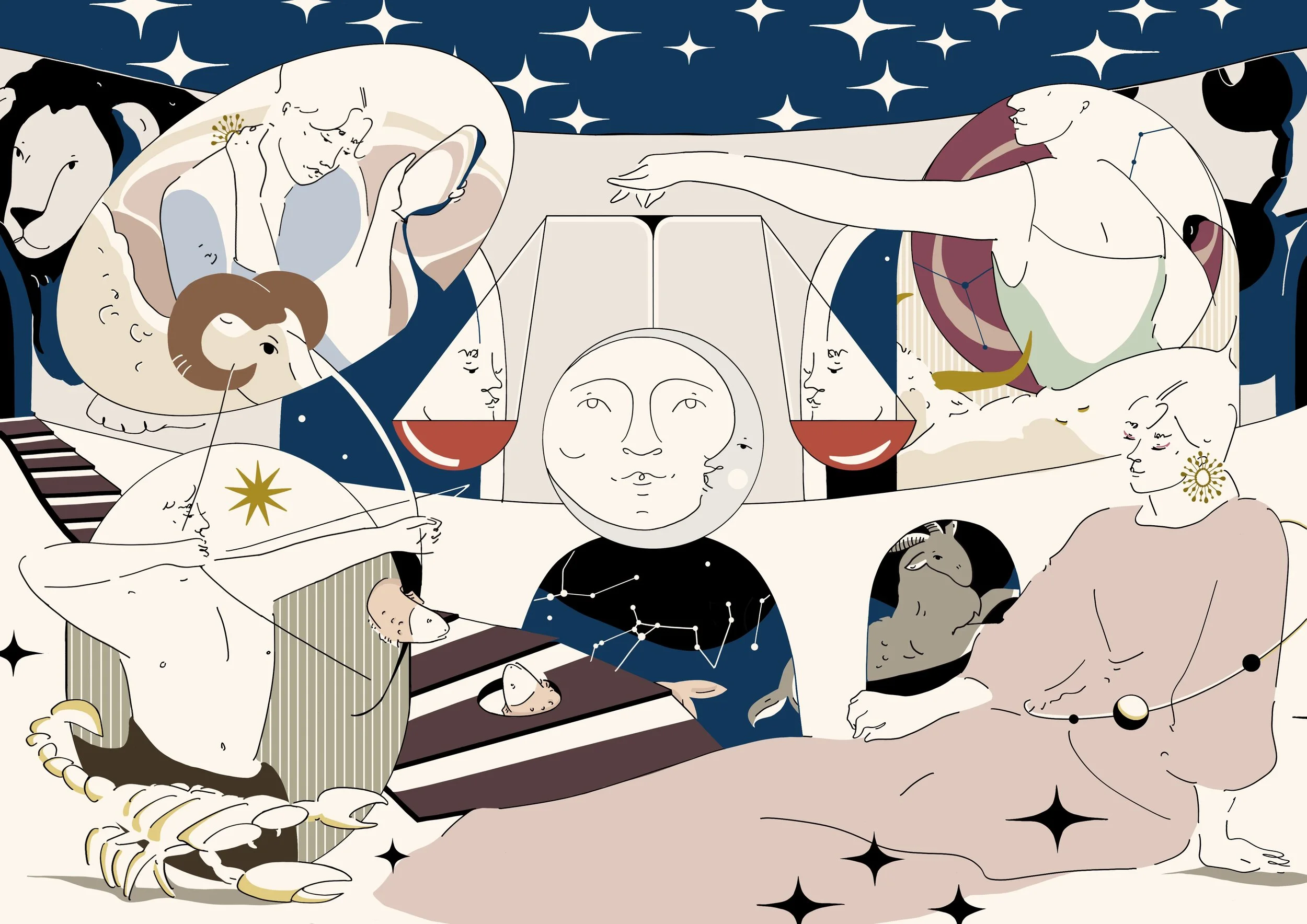 A stylized illustration of various people, animals, and celestial elements inside a surreal environment, with a focus on celestial themes, constellations, and mystical symbolism.