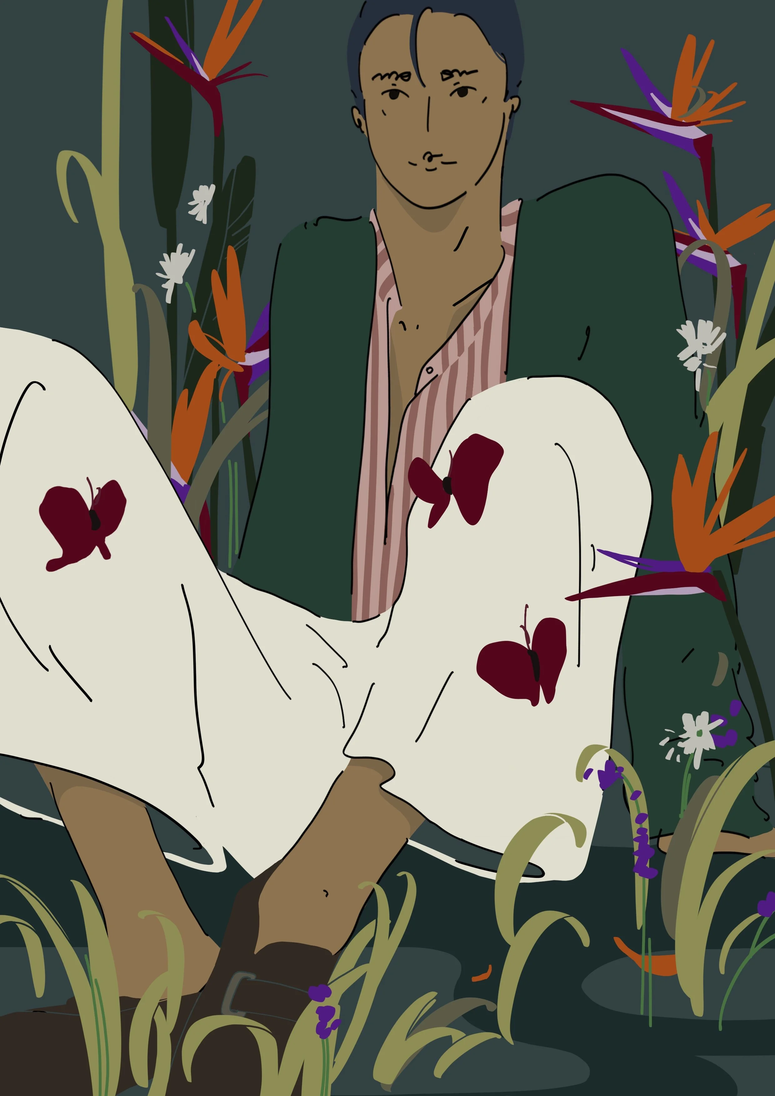 Illustration of a young man with dark hair, wearing a green blazer and a pink and white striped shirt, sitting amidst tall grass and colorful flowers, with a calm and relaxed expression.